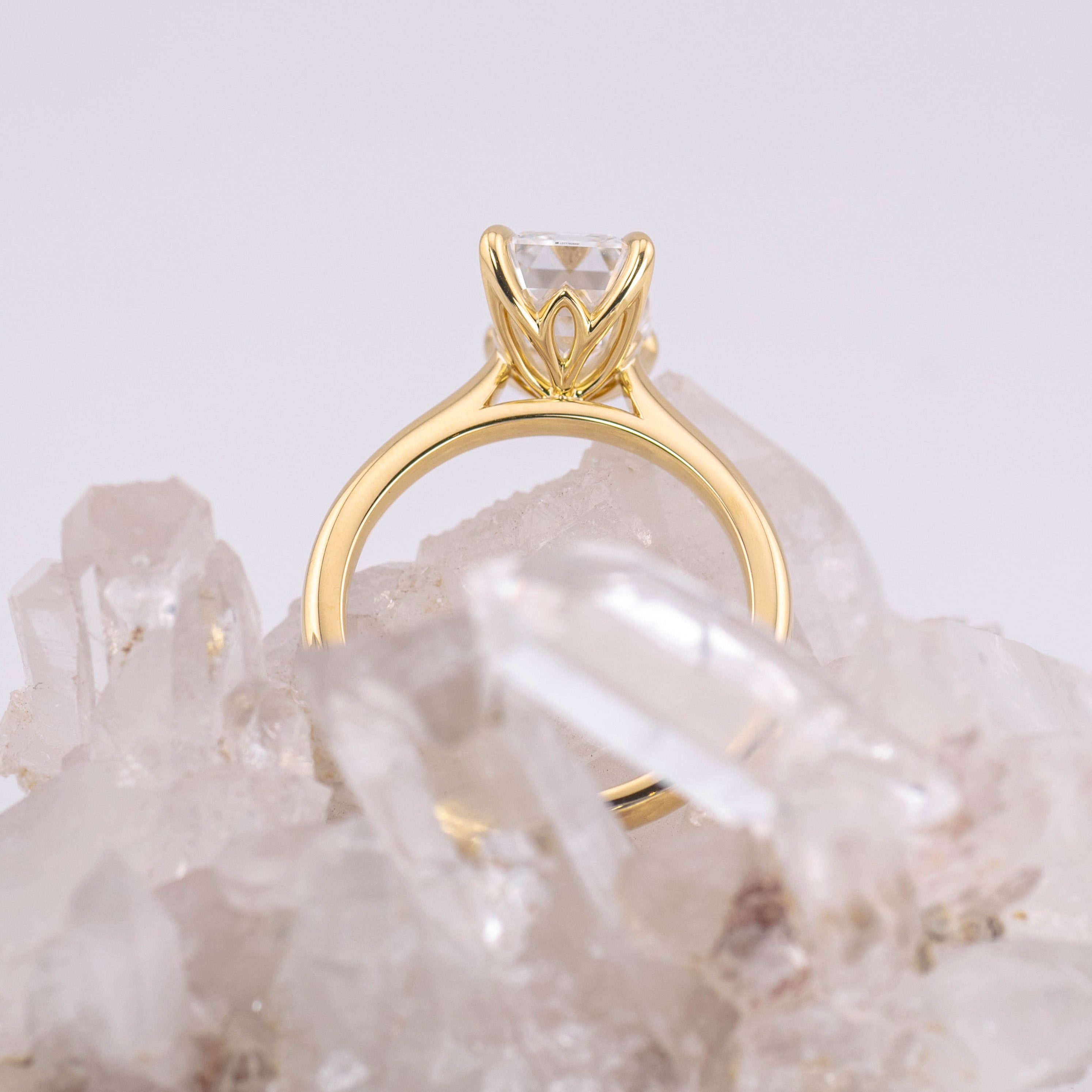 (Ready to Ship Size M) - Petal Emerald Cut – 4 Claw 3ct E VVS2 Solitaire in 18k Yellow Gold