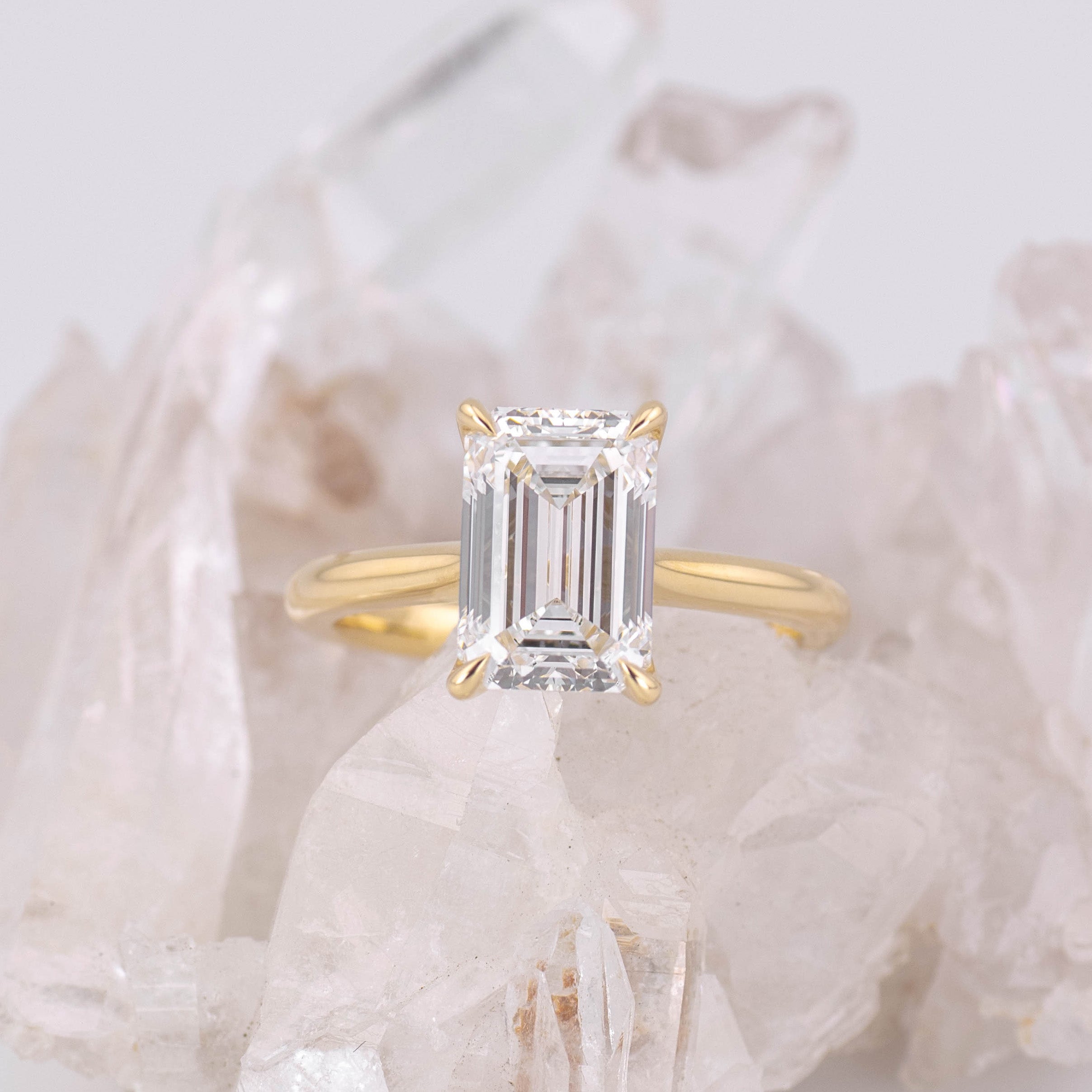 (Ready to Ship Size M) - Petal Emerald Cut – 4 Claw 3ct E VVS2 Solitaire in 18k Yellow Gold