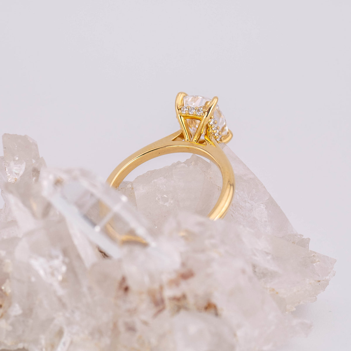 (Ready to Ship Size M) - Ruth 2.0 – Cathedral & Hidden Halo Elongated Cushion 2.01ct D VVS2 Solitaire in 18k Yellow Gold