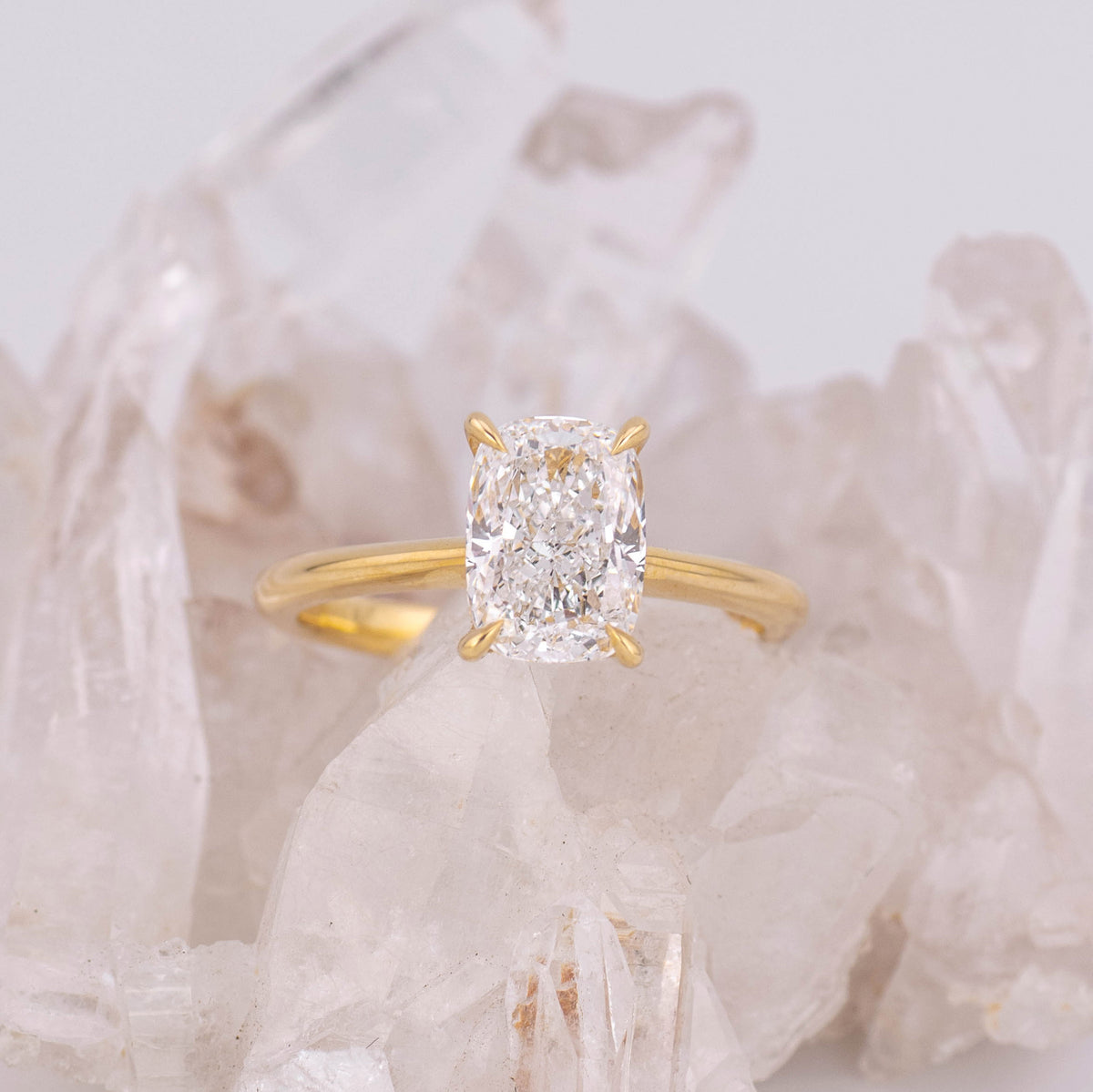 (Ready to Ship Size M) - Ruth 2.0 – Cathedral & Hidden Halo Elongated Cushion 2.01ct D VVS2 Solitaire in 18k Yellow Gold