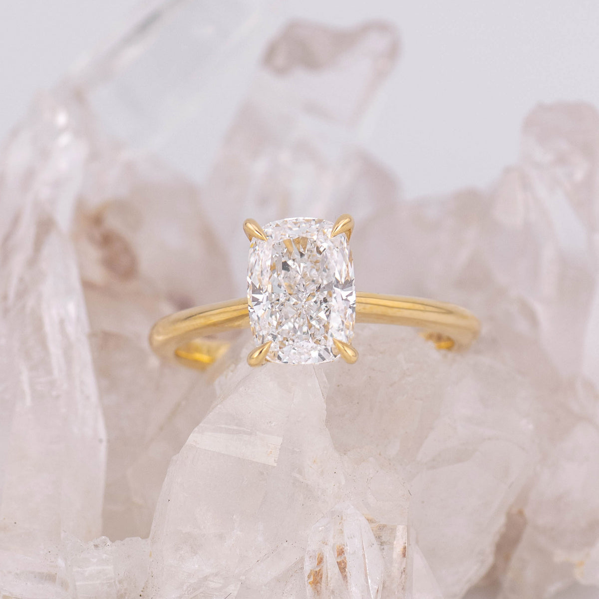 (Ready to Ship Size M) - Ruth 2.0 – Cathedral & Hidden Halo Elongated Cushion 2.01ct D VVS2 Solitaire in 18k Yellow Gold