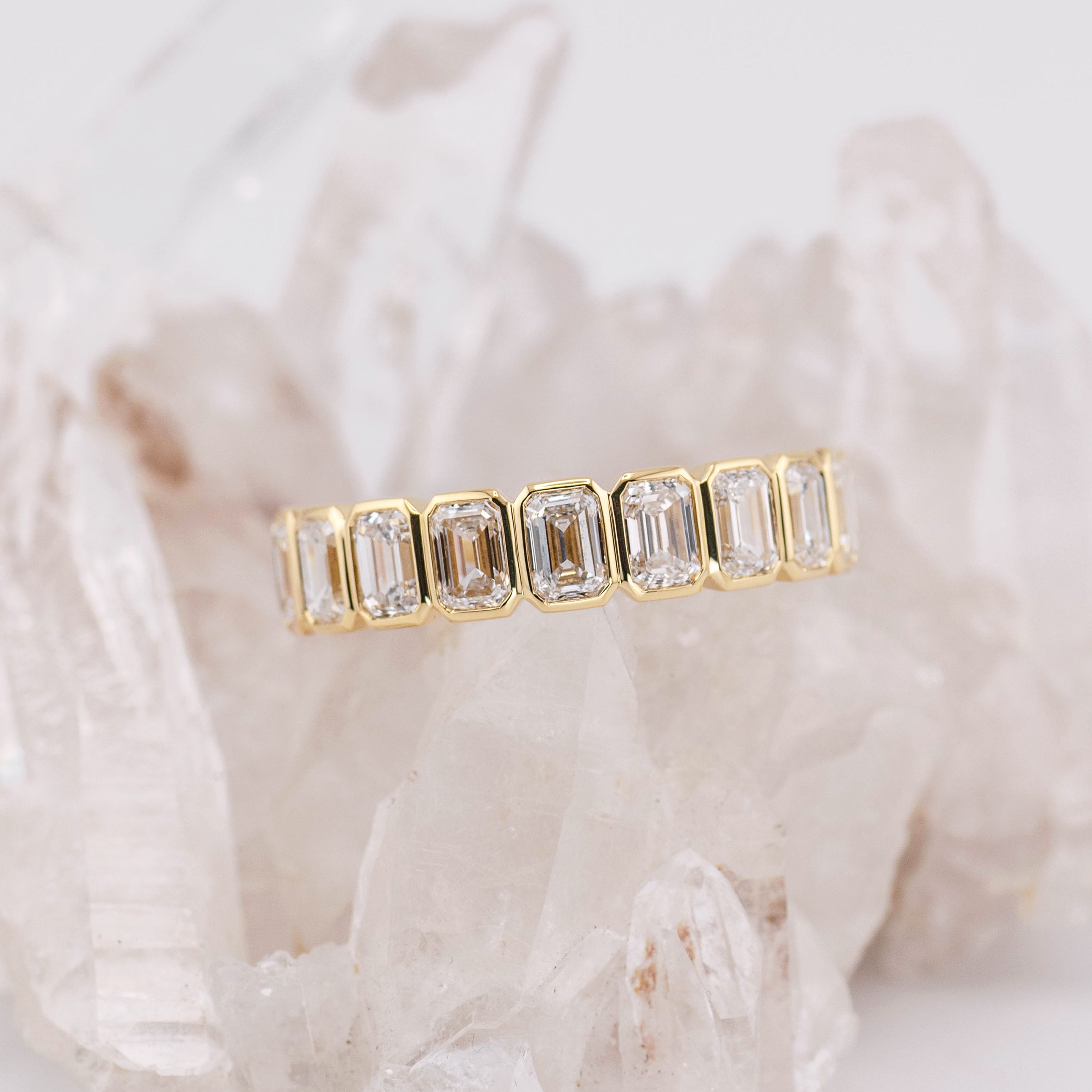 (Ready to Ship M) Willow 1/2 Band North/South Emerald Bezel Set Wedding/Eternity Ring 18k Yellow Gold