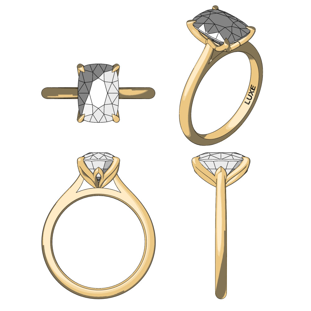 Petal Elongated Cushion – 4 Claw 2ct D/E VVS2 Solitaire in 18k Yellow Gold