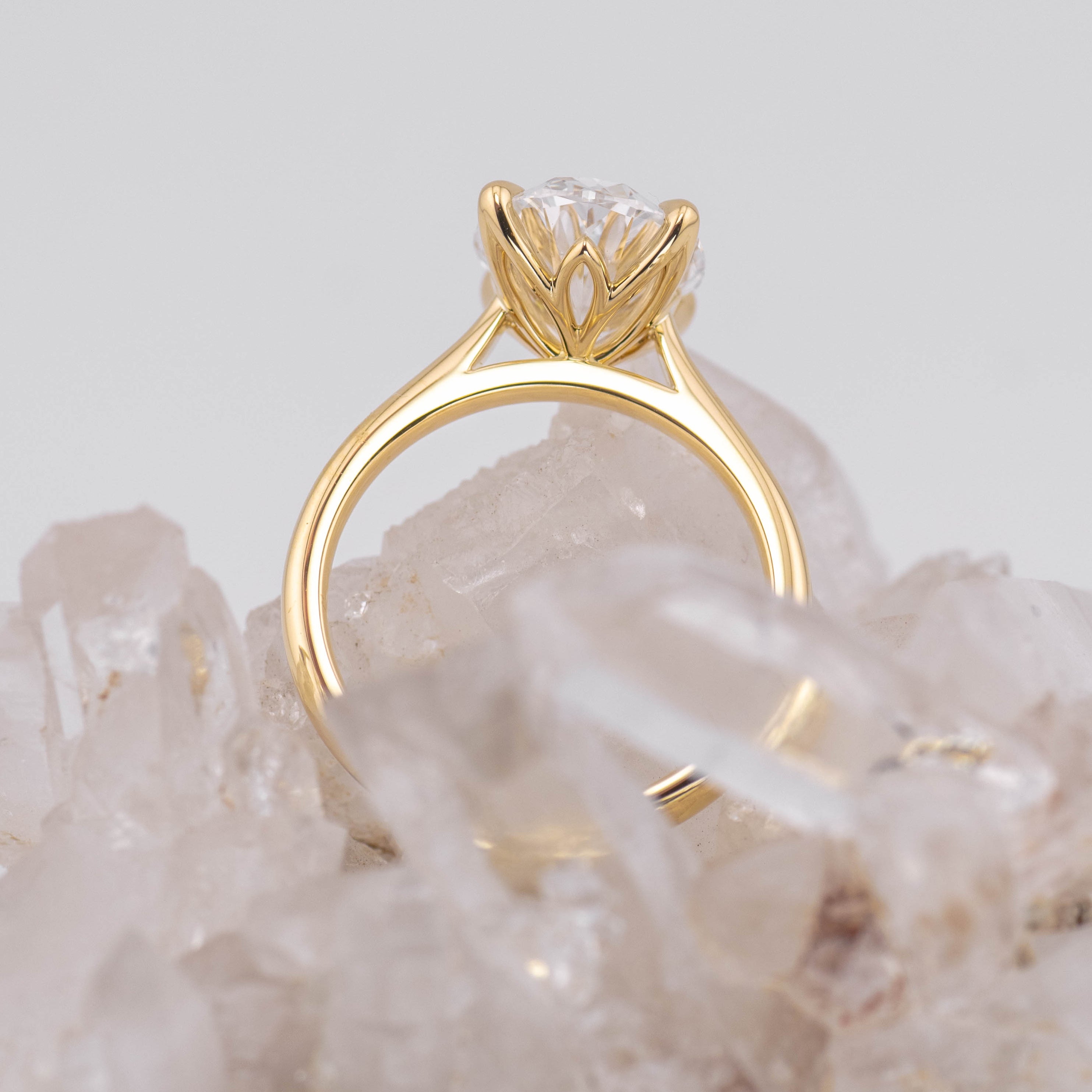 (Ready to Ship Size M) - Oval Petal 4.0 – 4 Claw Petal Basket 4.05ct E VVS2 Oval Solitaire in 18k Yellow Gold
