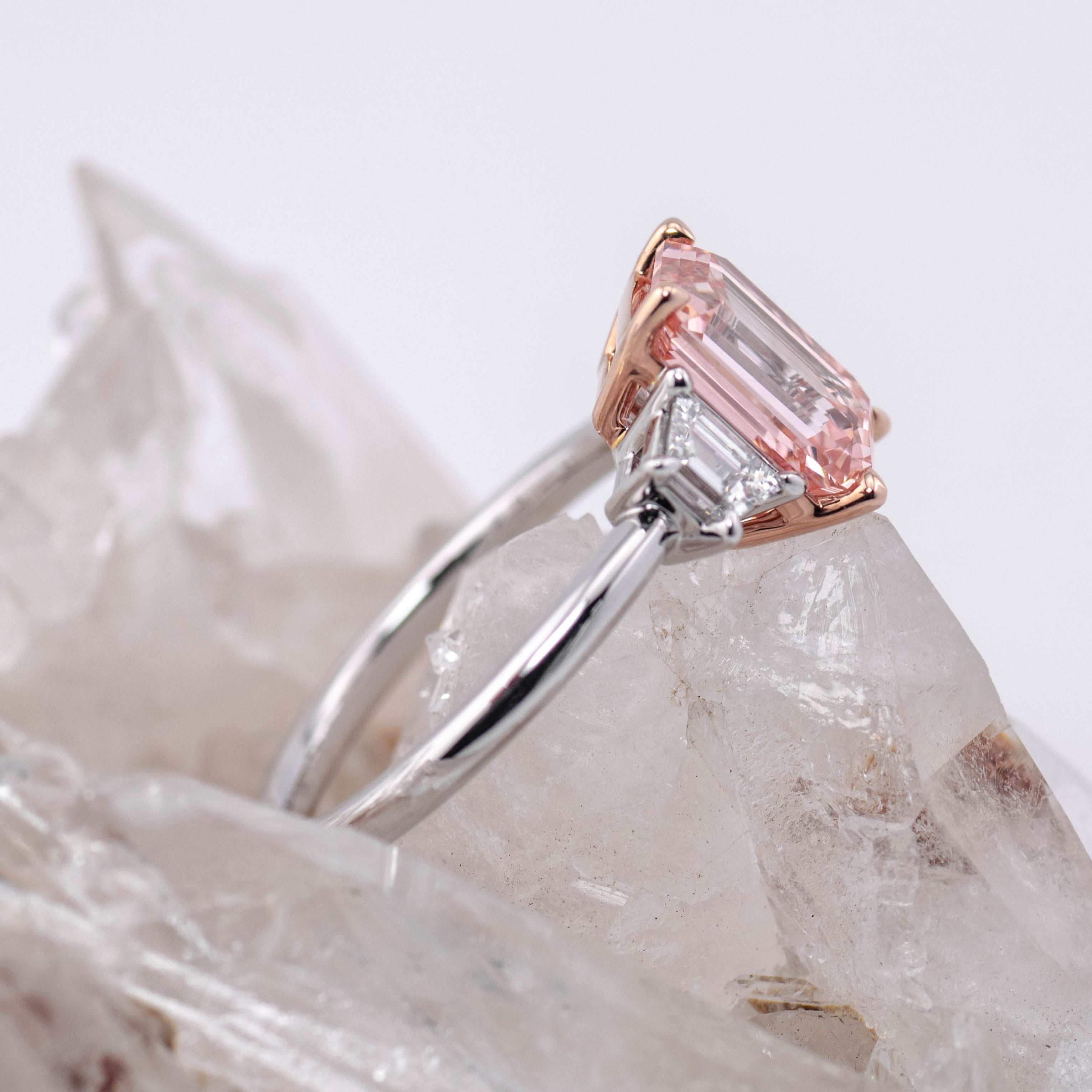 (Ready to Ship Size M) - Custom Pink Diamond 3ct Emerald Cut Trilogy