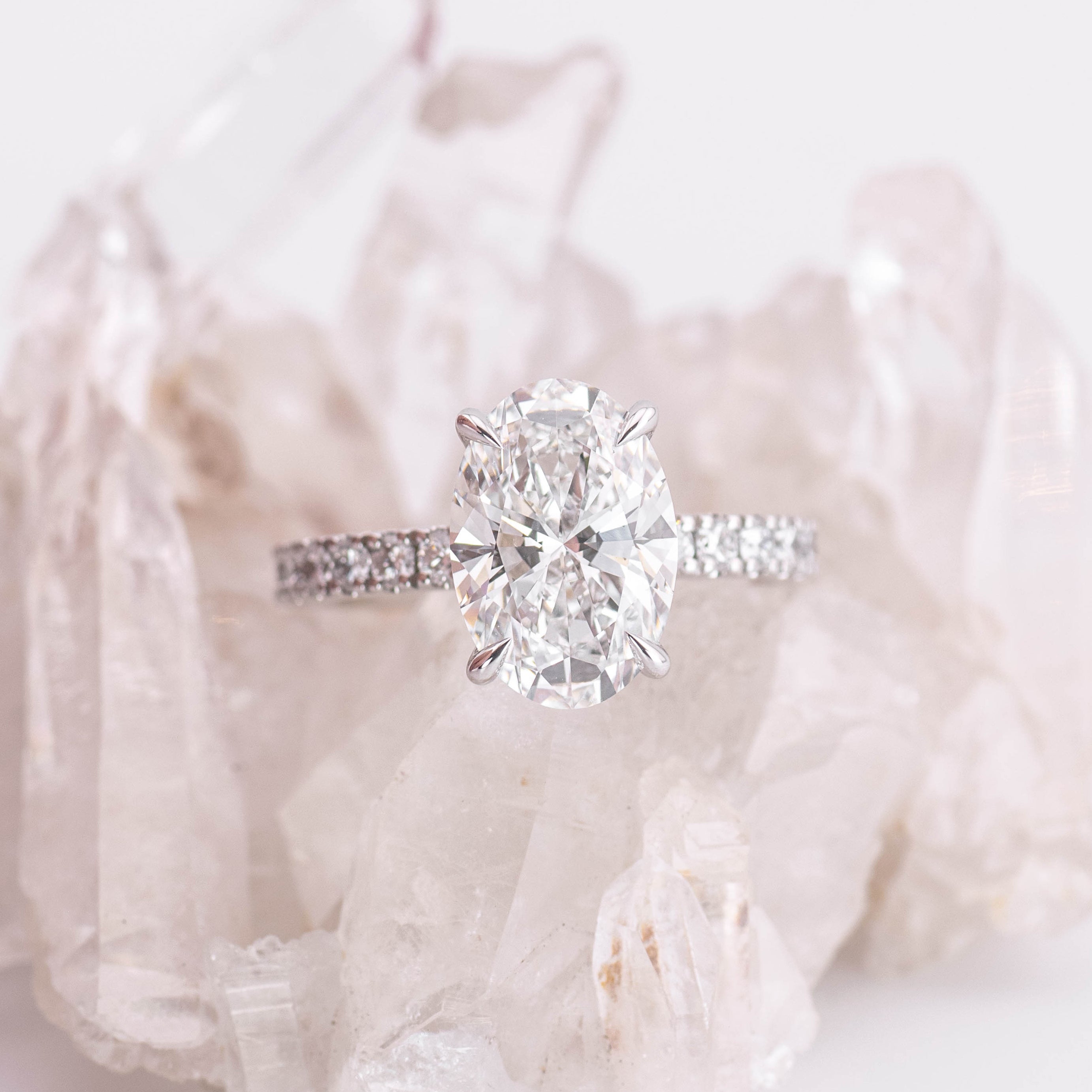 (Ready to Ship Size M) 3.41ct E VVS2 Oval Solitaire with Hidden Halo & Pave Band in 18k White Gold