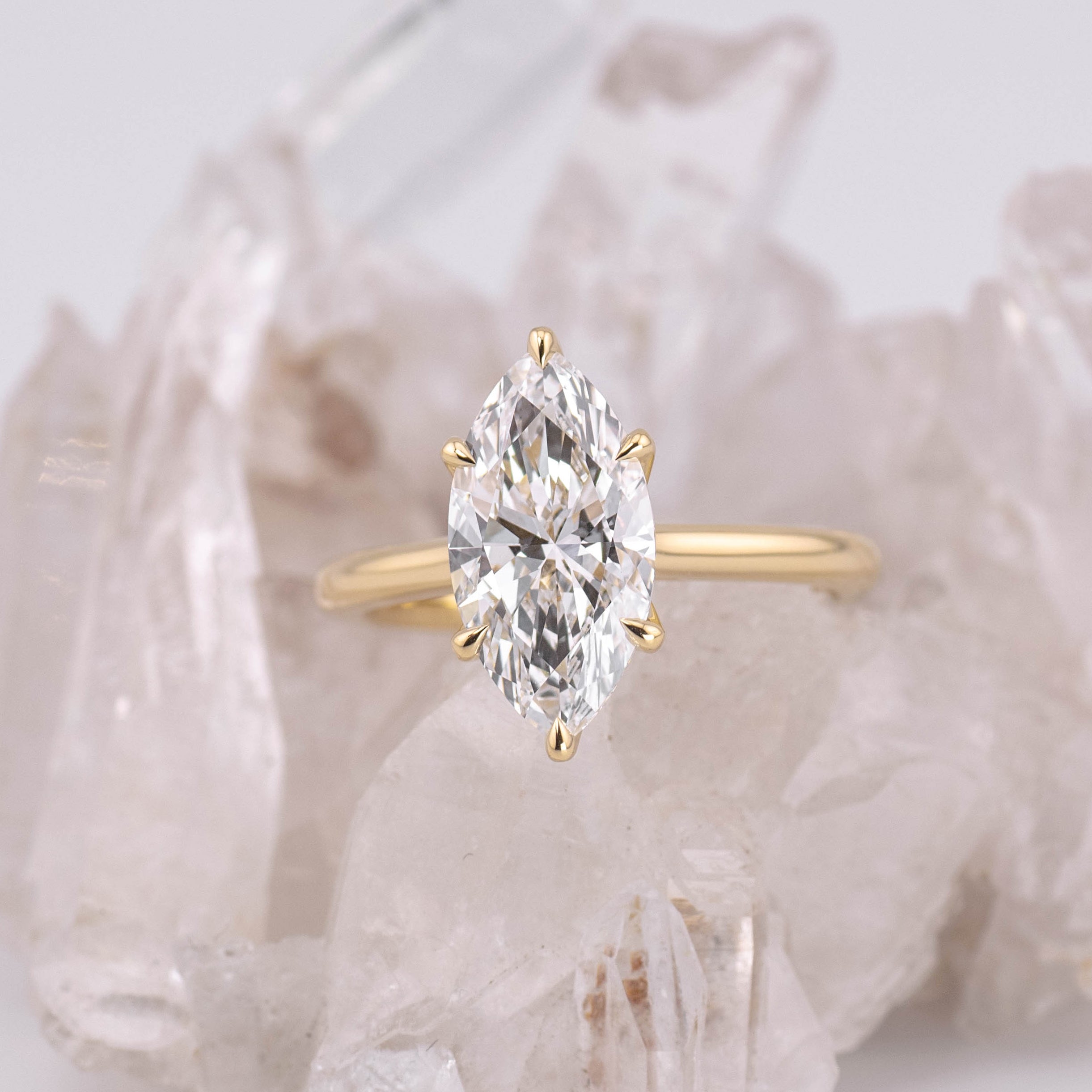 (Ready to Ship Size M) - Petal Marquise – 6 Claw 2.58ct E VVS2 Marquise Solitaire in 18k Yellow Gold