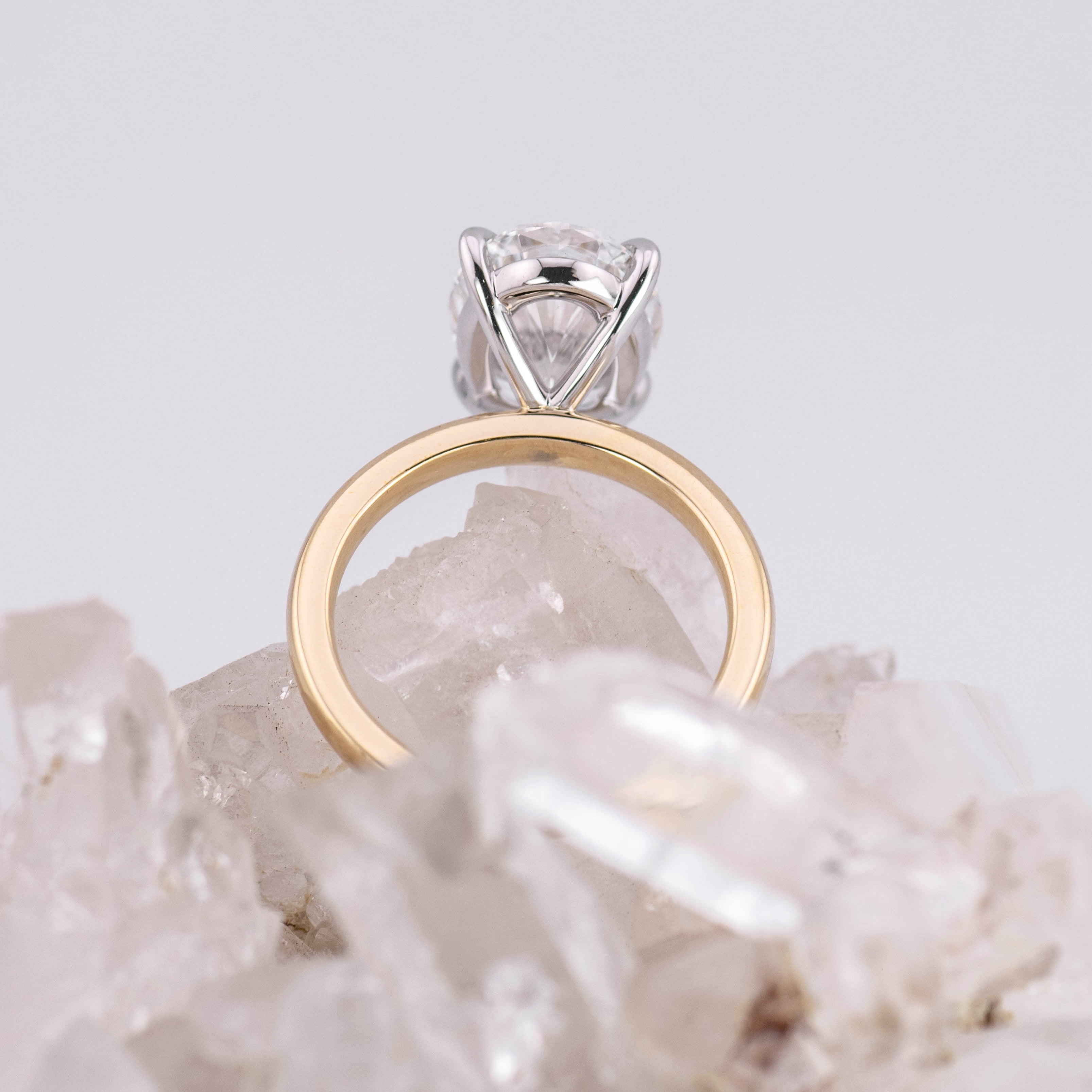 (Ready to Ship Size J) - Kate 3.0 – 4 Claw 3.61ct E VVS2 Oval Solitaire in 14k 2 Tone Yellow & White Gold