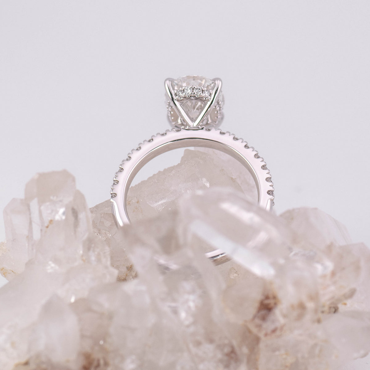 (READY TO SHIP SIZE M) 2.63CT E VVS2 OVAL SOLITAIRE WITH HIDDEN HALO & PAVE BAND in 18K WHITE GOLD