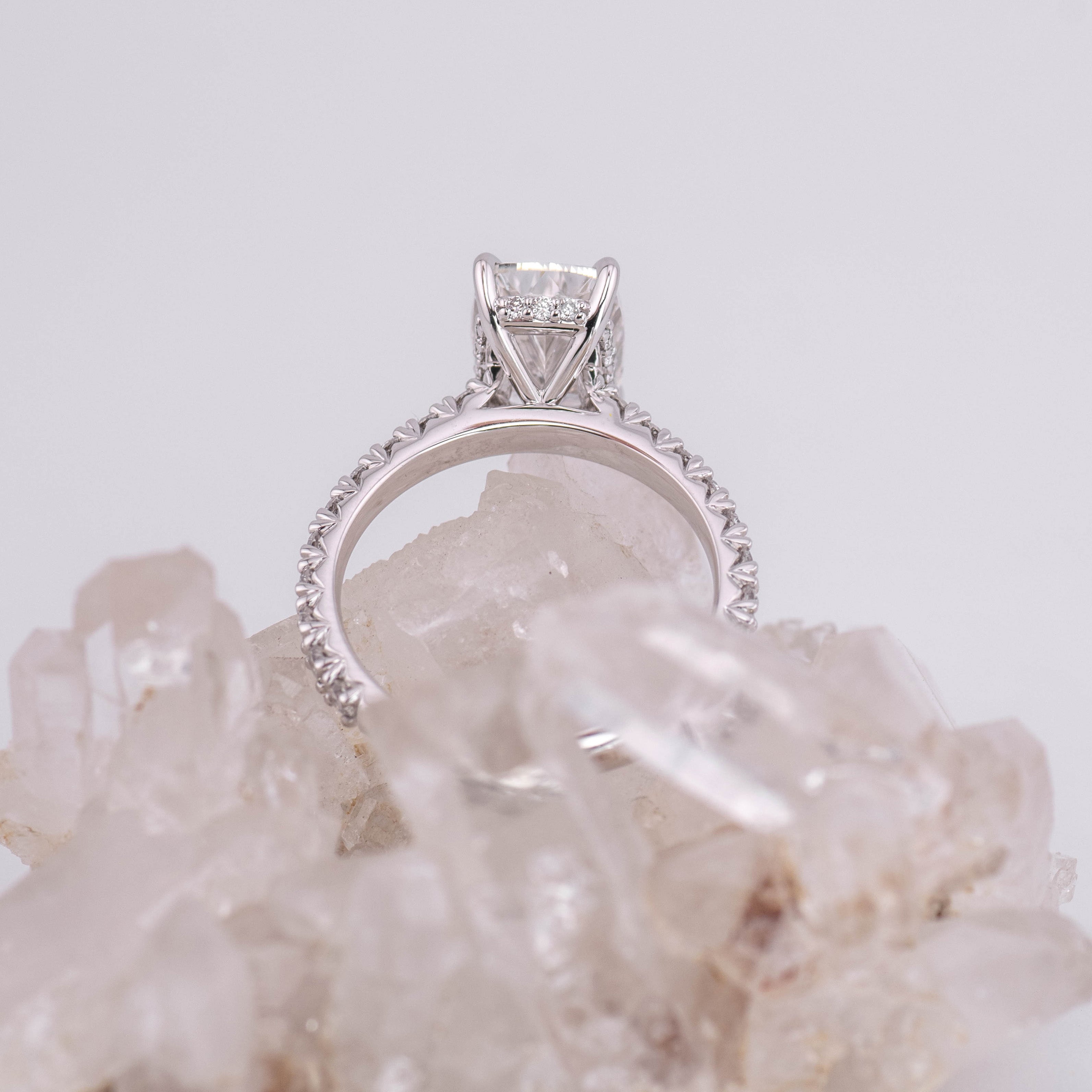 (Ready to Ship Size N) - 3ct Elongated Cushion Solitaire with Hidden Halo & French Pave Band 18k White Gold