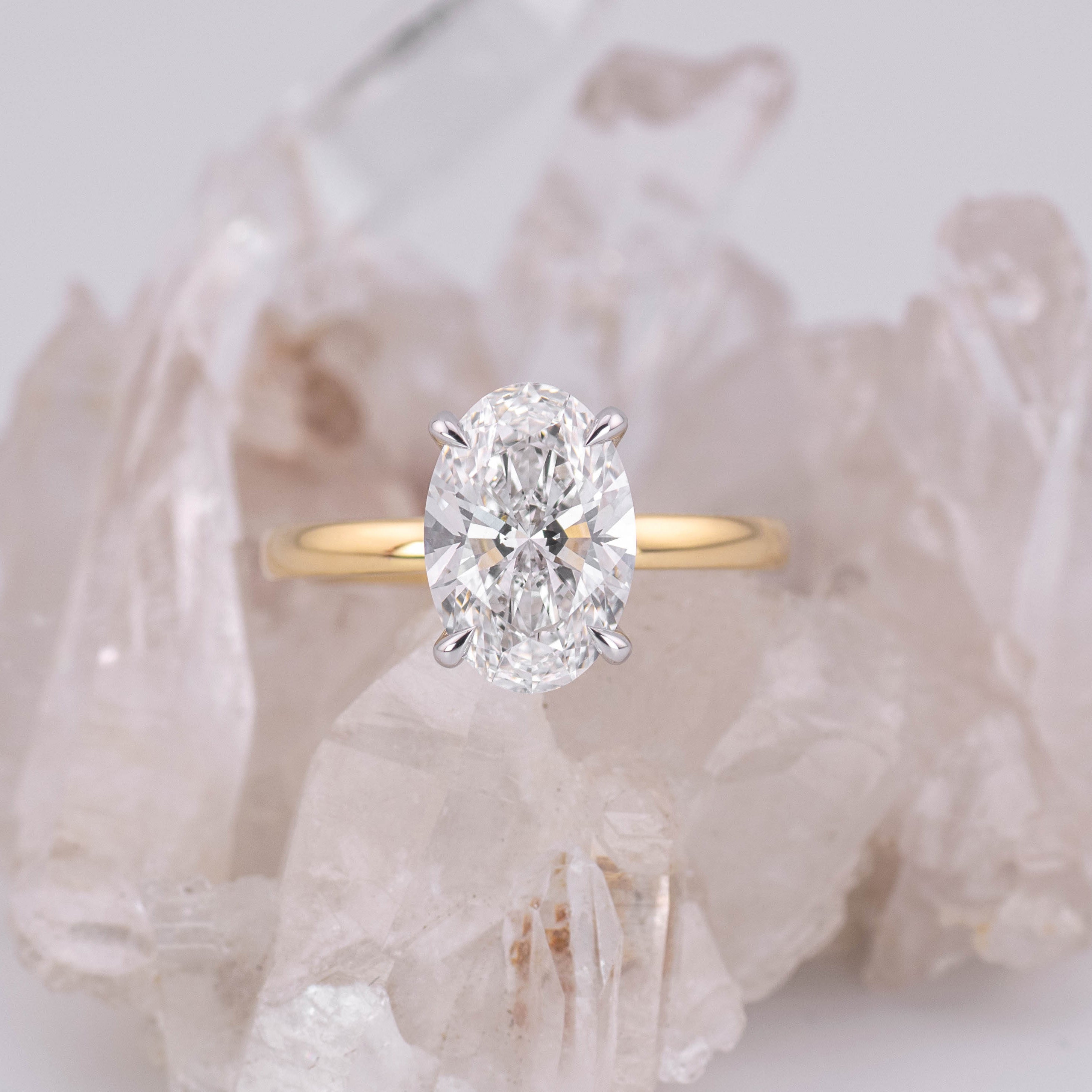 (Ready to Ship Size M) - Kate  – 4 Claw 2.83ct E VVS2 Oval Solitaire in 18k 2 Tone Yellow & White Gold