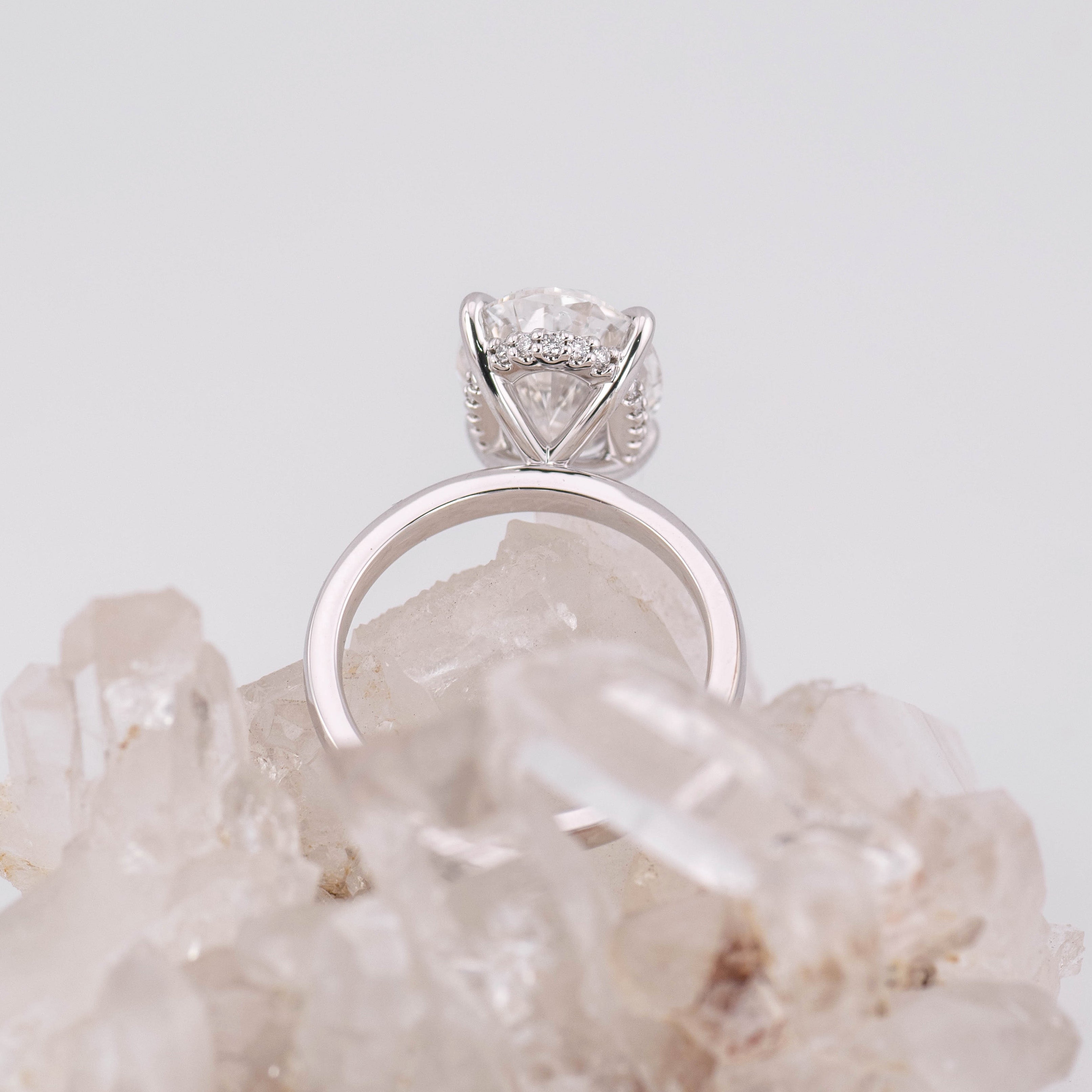 (Ready to Ship Size M) - Bella 5.0 – 4 Claw with Hidden Halo 5.03ct E VVS2 Oval Solitaire in 18k White Gold