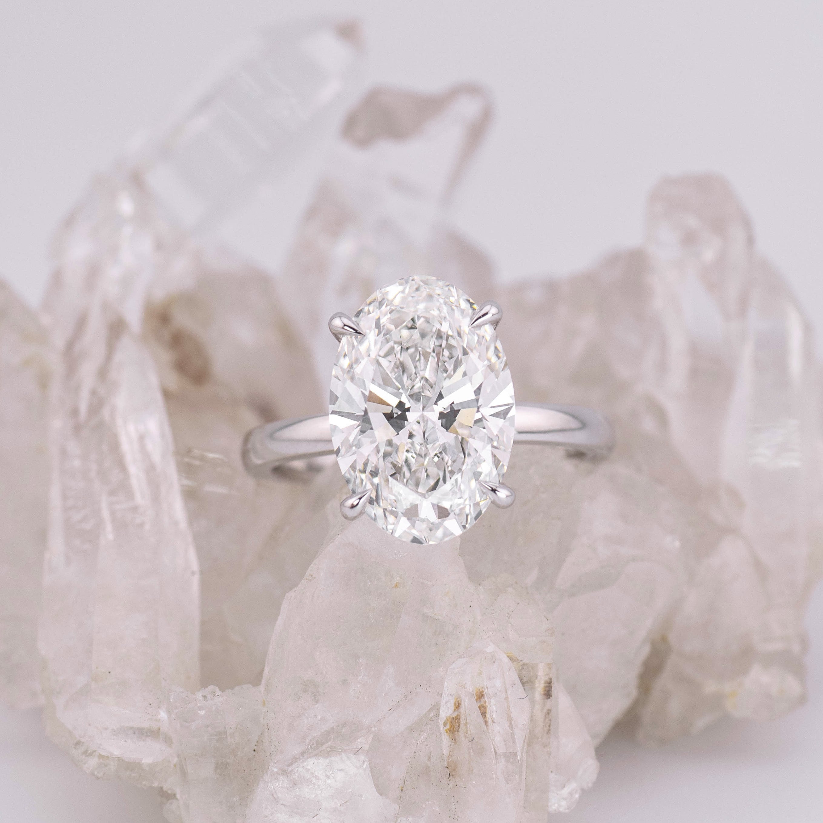 (Ready to Ship Size M) - Bella 5.0 – 4 Claw with Hidden Halo 5.03ct E VVS2 Oval Solitaire in 18k White Gold