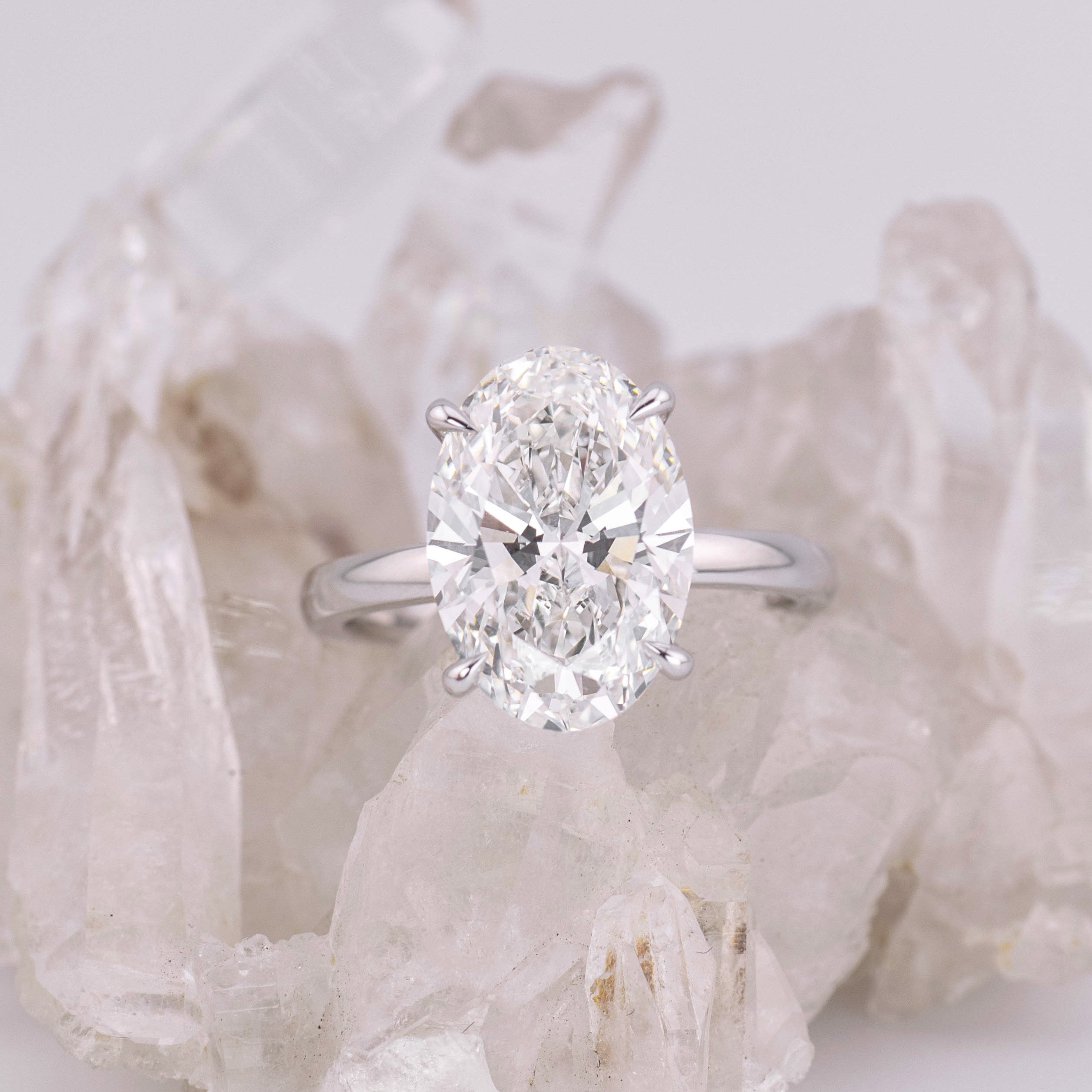 (Ready to Ship Size M) - Bella 5.0 – 4 Claw with Hidden Halo 5.03ct E VVS2 Oval Solitaire in 18k White Gold