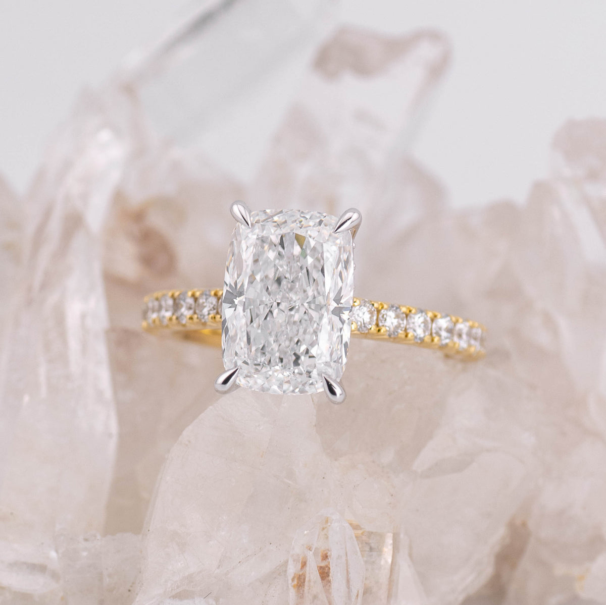 (Ready to Ship Size N) - 4.21ct Elongated Cushion Solitaire with Hidden Halo & French Pave Band 18k 2 Tone Gold