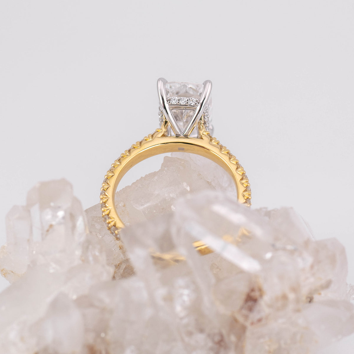 (Ready to Ship Size N) - 4.21ct Elongated Cushion Solitaire with Hidden Halo & French Pave Band 18k 2 Tone Gold