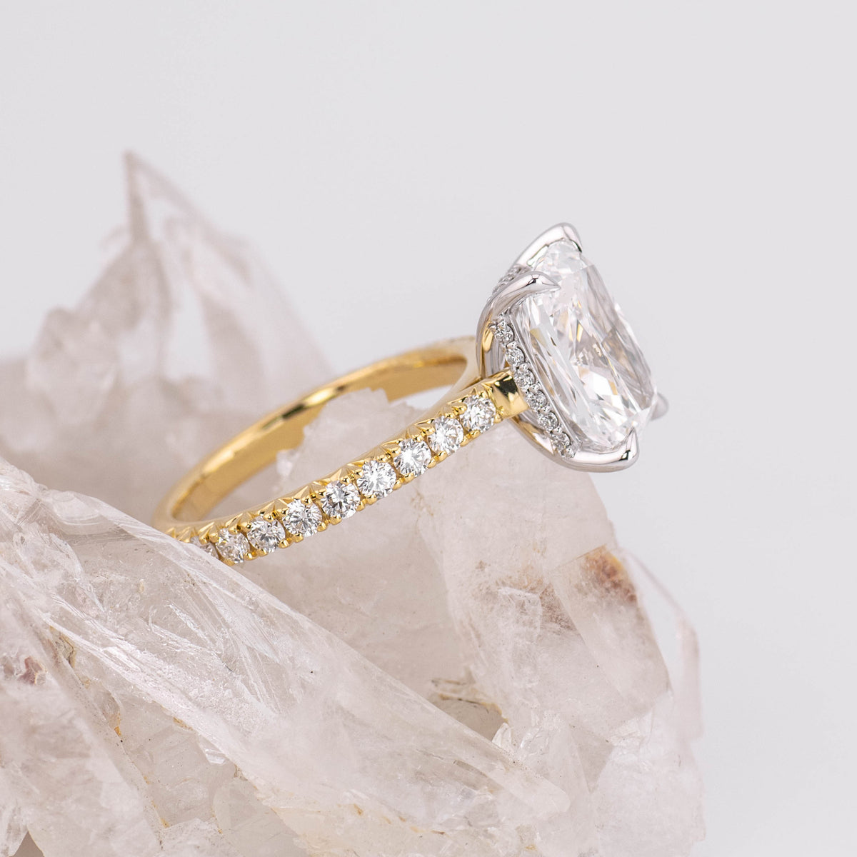 (Ready to Ship Size N) - 4.21ct Elongated Cushion Solitaire with Hidden Halo & French Pave Band 18k 2 Tone Gold