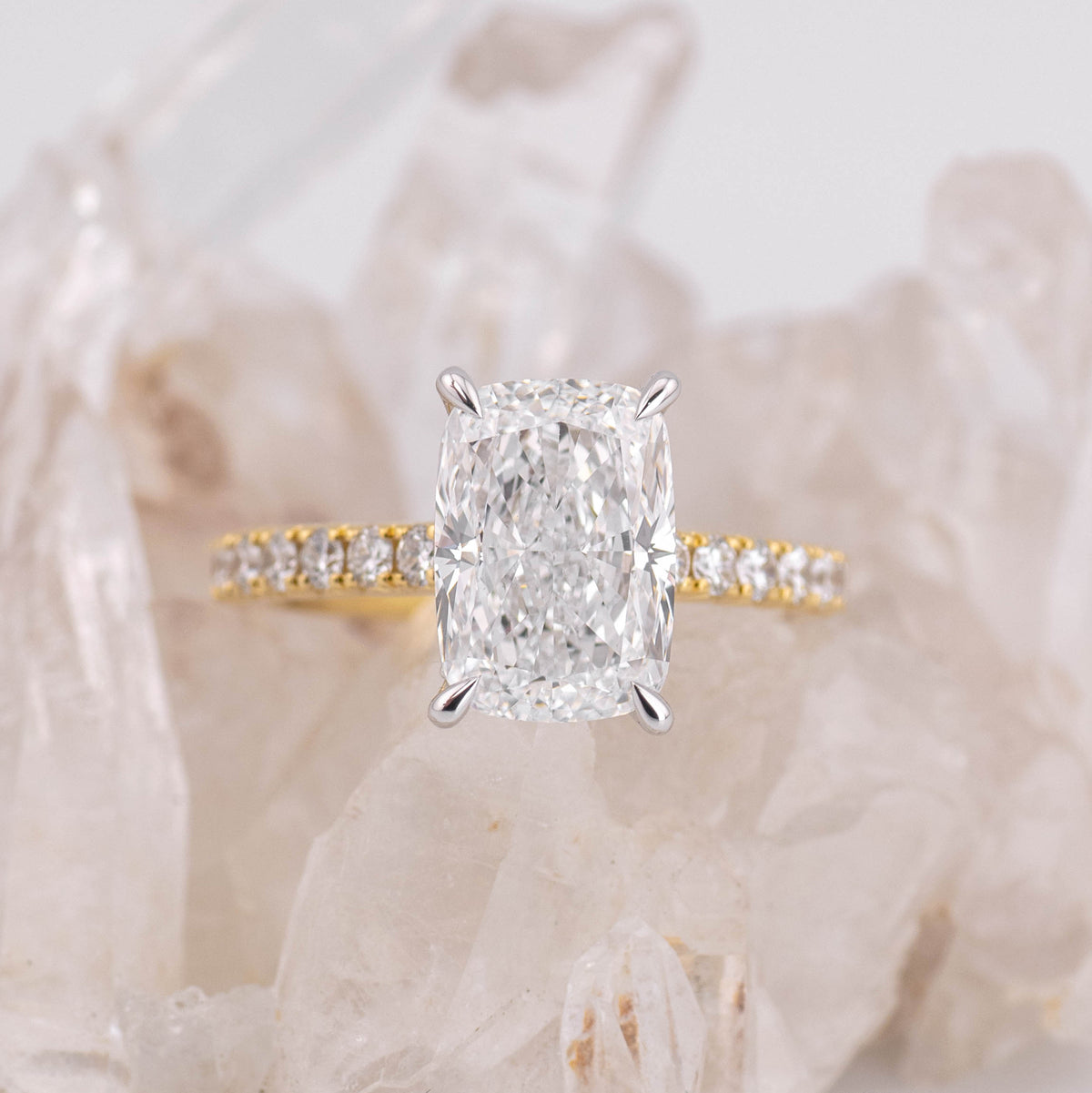 (Ready to Ship Size N) - 4.21ct Elongated Cushion Solitaire with Hidden Halo & French Pave Band 18k 2 Tone Gold