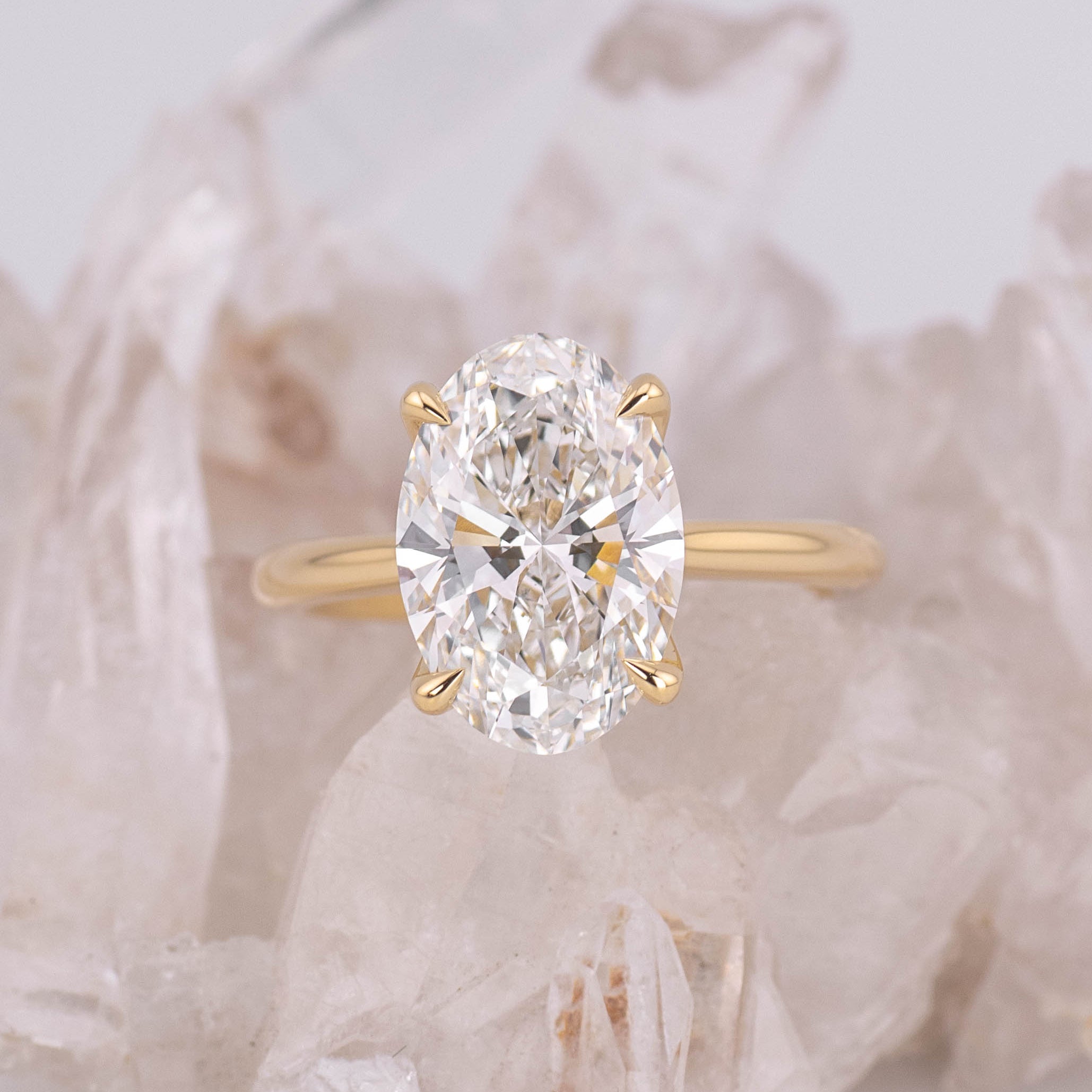 (Ready to Ship Size N) - Oval Petal 4.0 – 4 Claw Petal Basket 4.21ct E VVS2 Oval Solitaire in 18k Yellow Gold