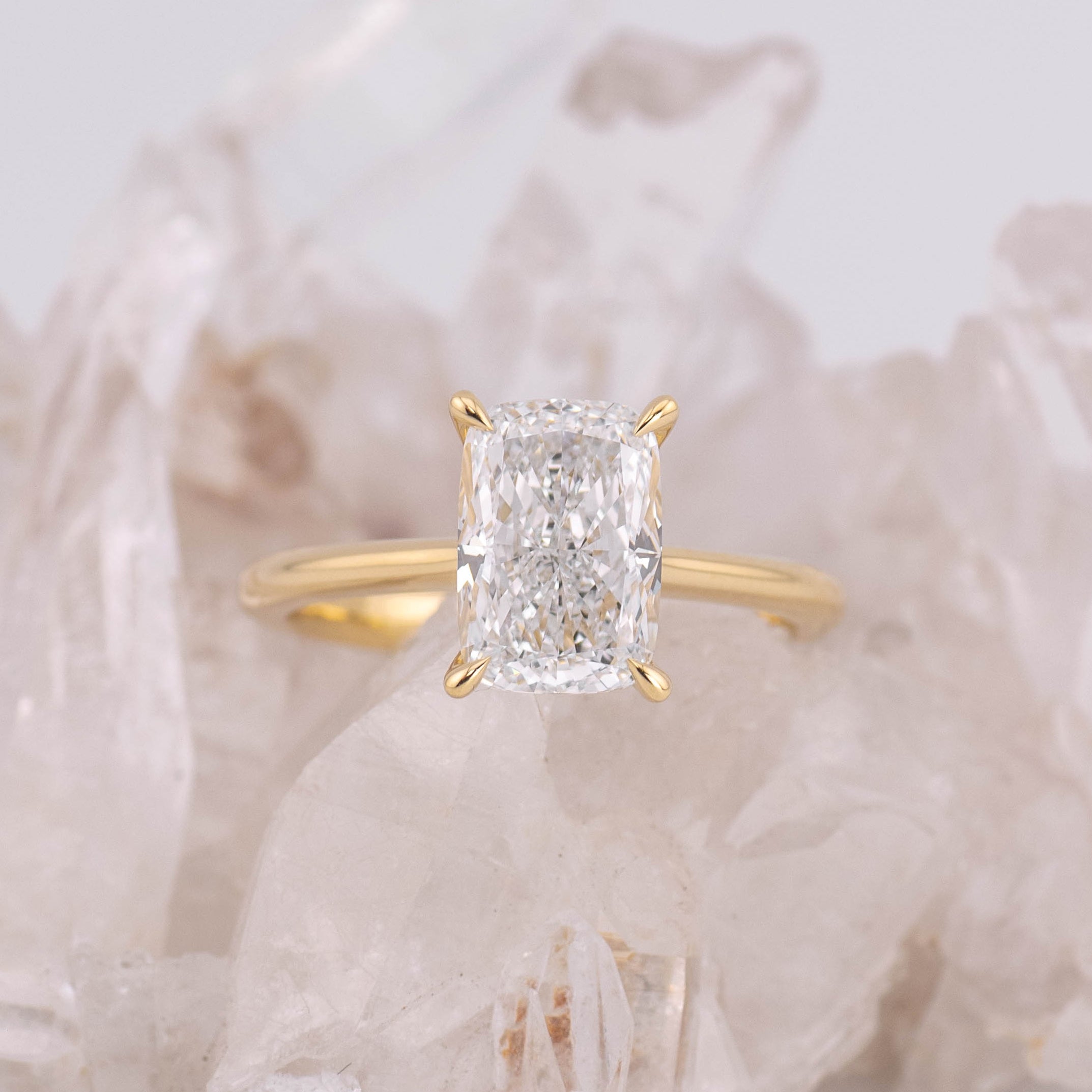 (Ready to Ship Size M) 2.55ct D VVS2 Elongated Cushion with Cathedral Hidden Halo Setting in 18k Yellow Gold