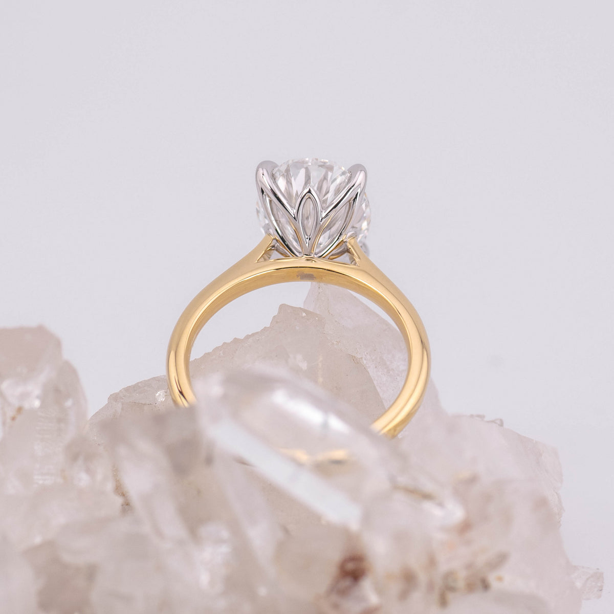 (Ready to Ship Size M) - Oval Petal 4.0 – 4 Claw Petal Basket 4.10ct E VVS2 Oval Solitaire in 18k 2 Tone Gold