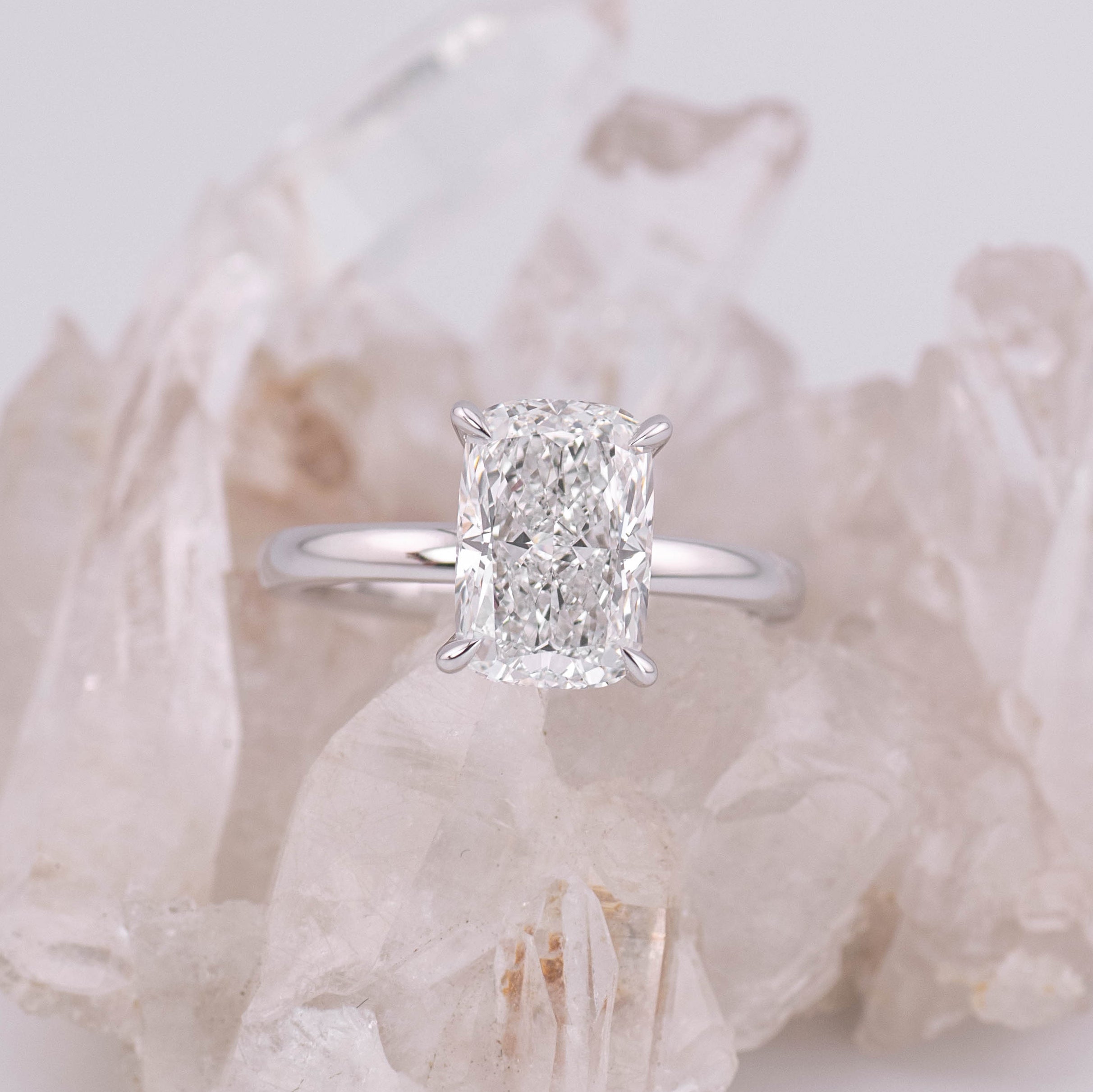 (Ready to Ship Size N) - 3.04ct Elongated Cushion D VVS2 Solitaire with Hidden Halo 14k White Gold