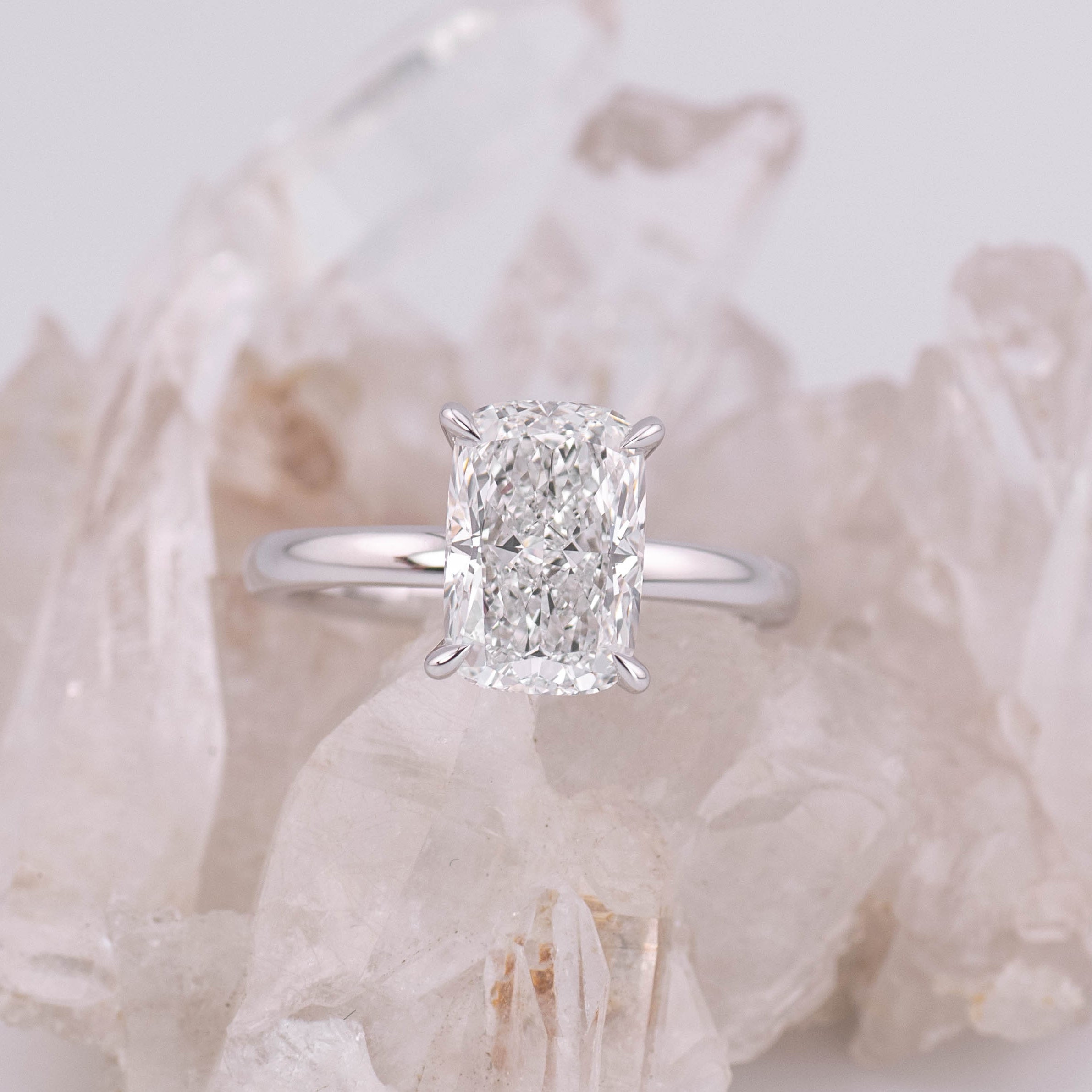 (Ready to Ship Size N) - 3.04ct Elongated Cushion D VVS2 Solitaire with Hidden Halo 14k White Gold