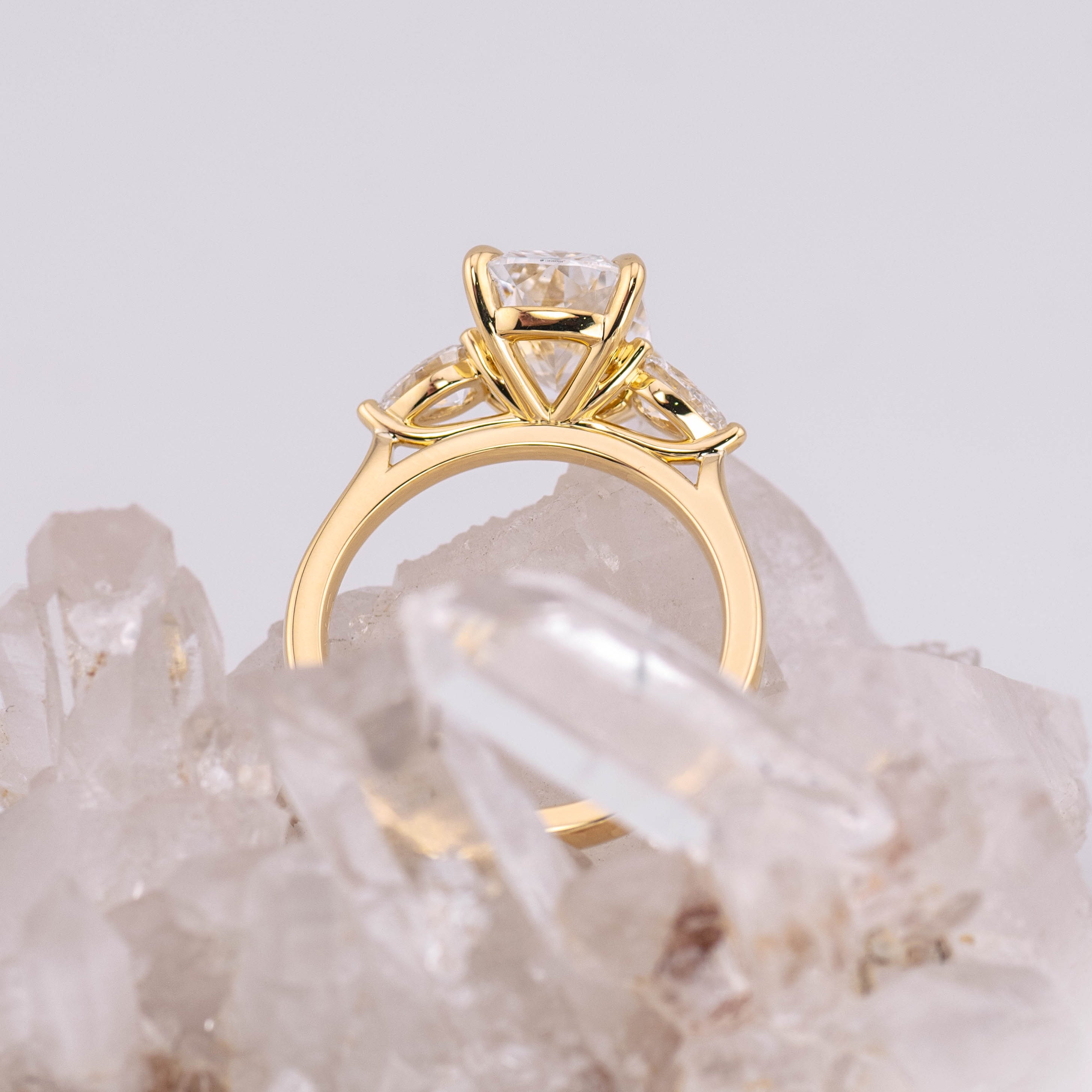 (Ready to Ship Size M) - 3.03ct Elongated Cushion E VVS2 and Pear Trilogy in 18k Yellow Gold