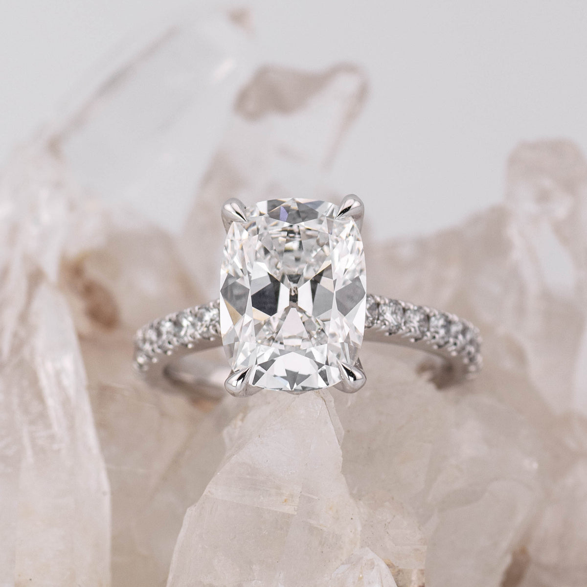 (Ready to Ship Size N) Petal Pave Solitaire – 4.07ct 4 Petal Claw Old Mine Elongated Cushion E VVS2 in 18k White Gold