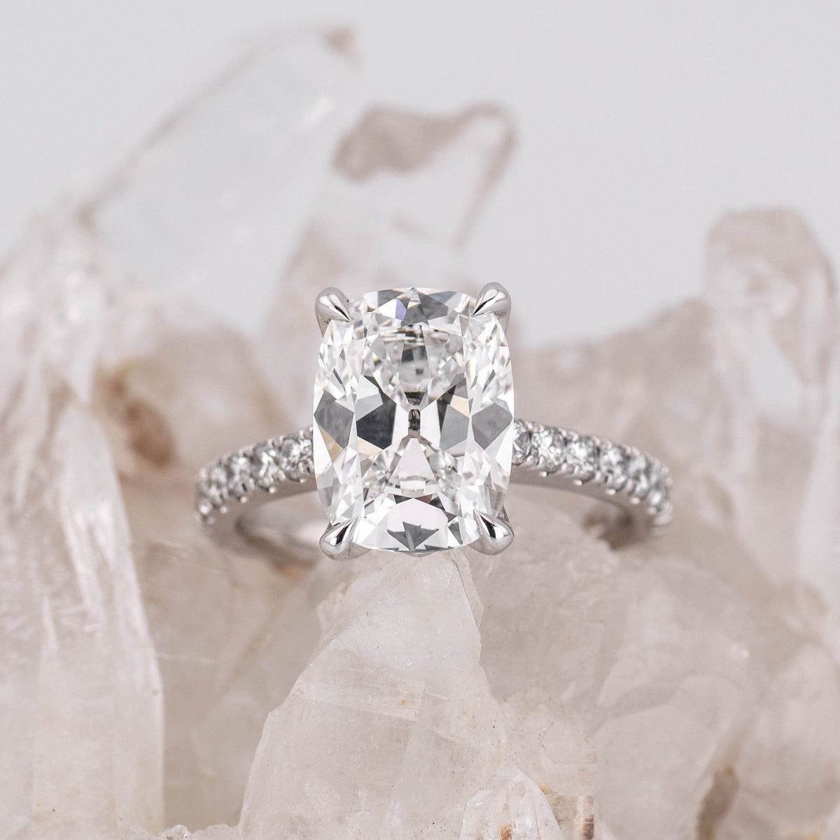 (Ready to Ship Size N) Petal Pave Solitaire – 4.07ct 4 Petal Claw Old Mine Elongated Cushion E VVS2 in 18k White Gold