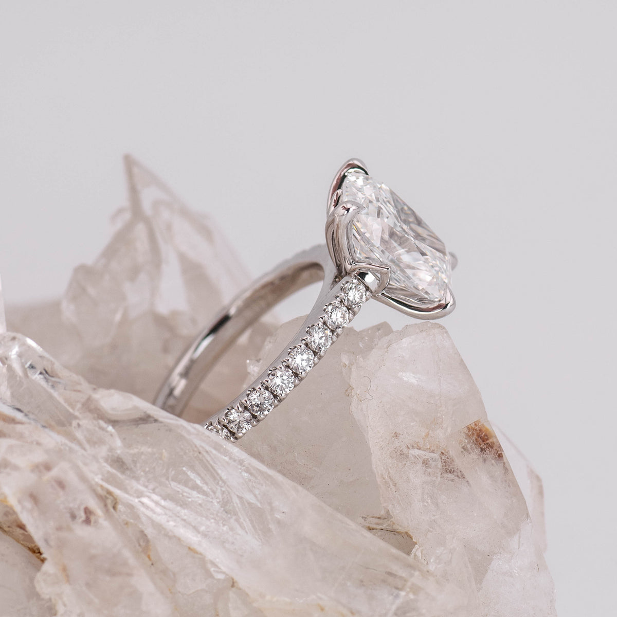 (Ready to Ship Size N) Petal Pave Solitaire – 4.07ct 4 Petal Claw Old Mine Elongated Cushion E VVS2 in 18k White Gold