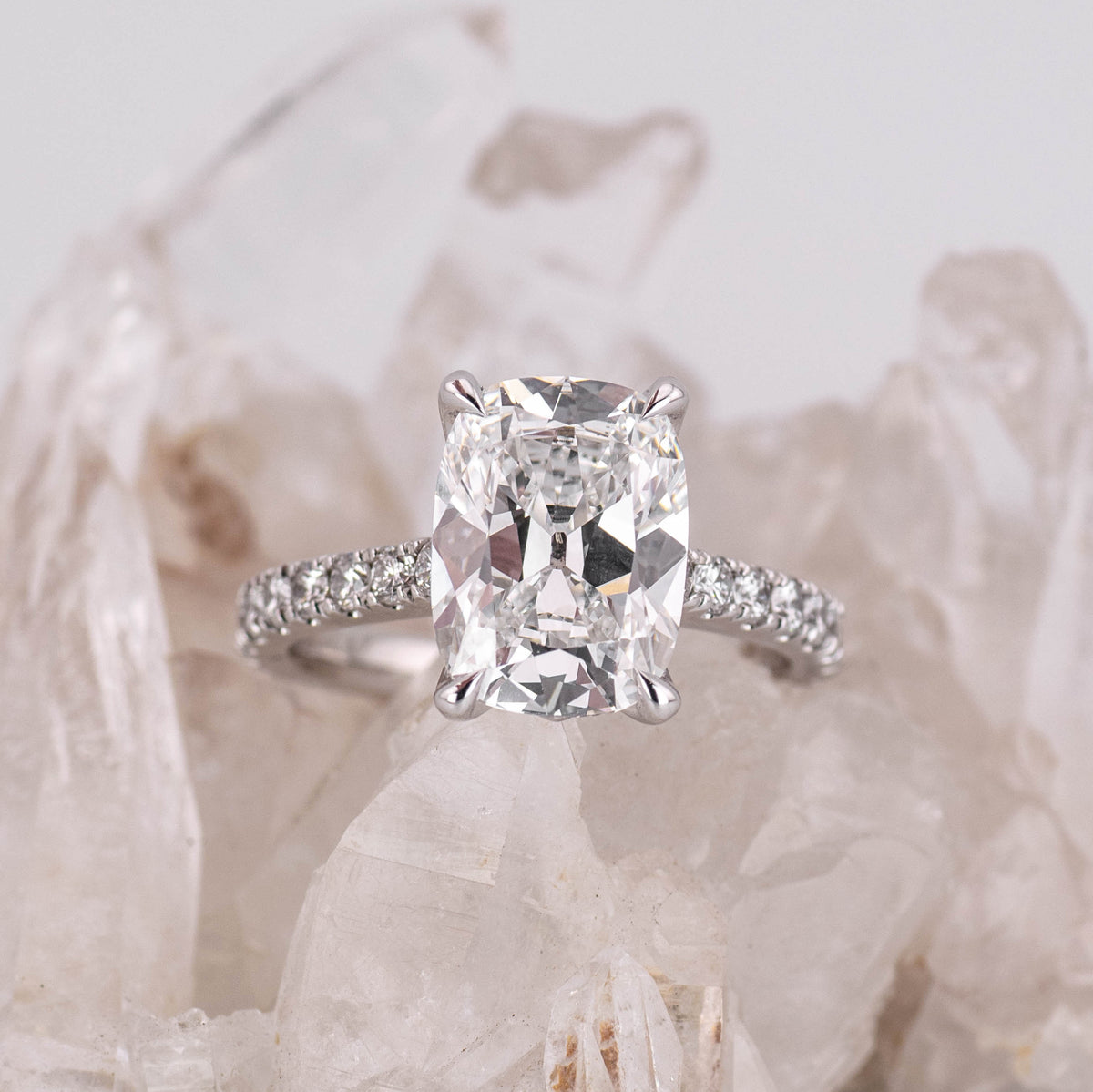 (Ready to Ship Size N) Petal Pave Solitaire – 4.07ct 4 Petal Claw Old Mine Elongated Cushion E VVS2 in 18k White Gold