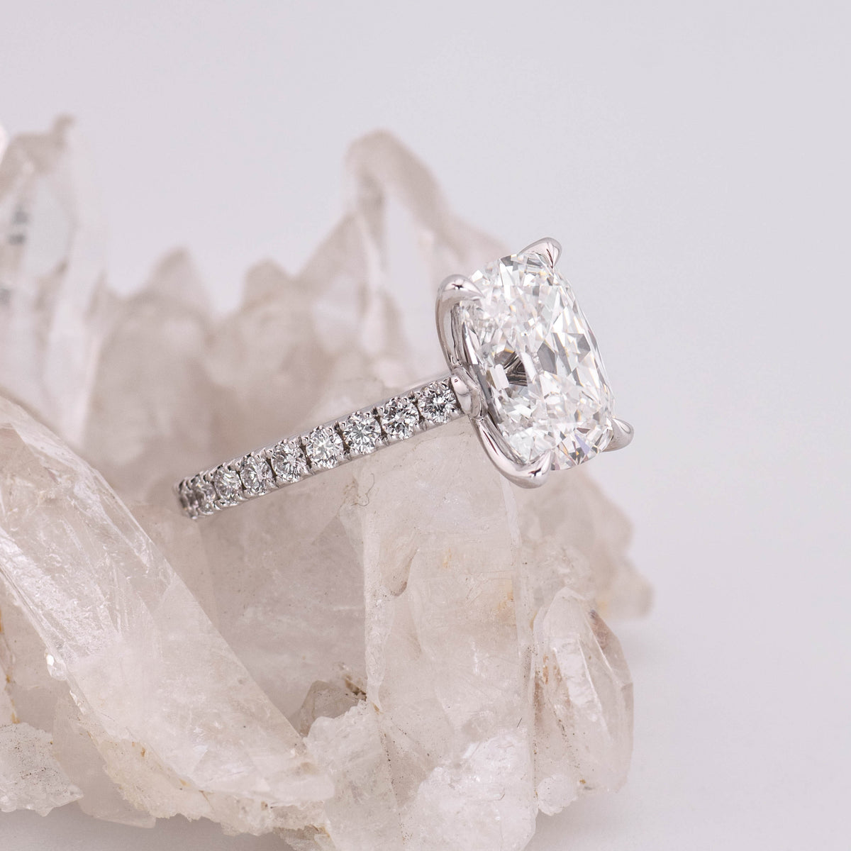 (Ready to Ship Size N) Petal Pave Solitaire – 4.07ct 4 Petal Claw Old Mine Elongated Cushion E VVS2 in 18k White Gold