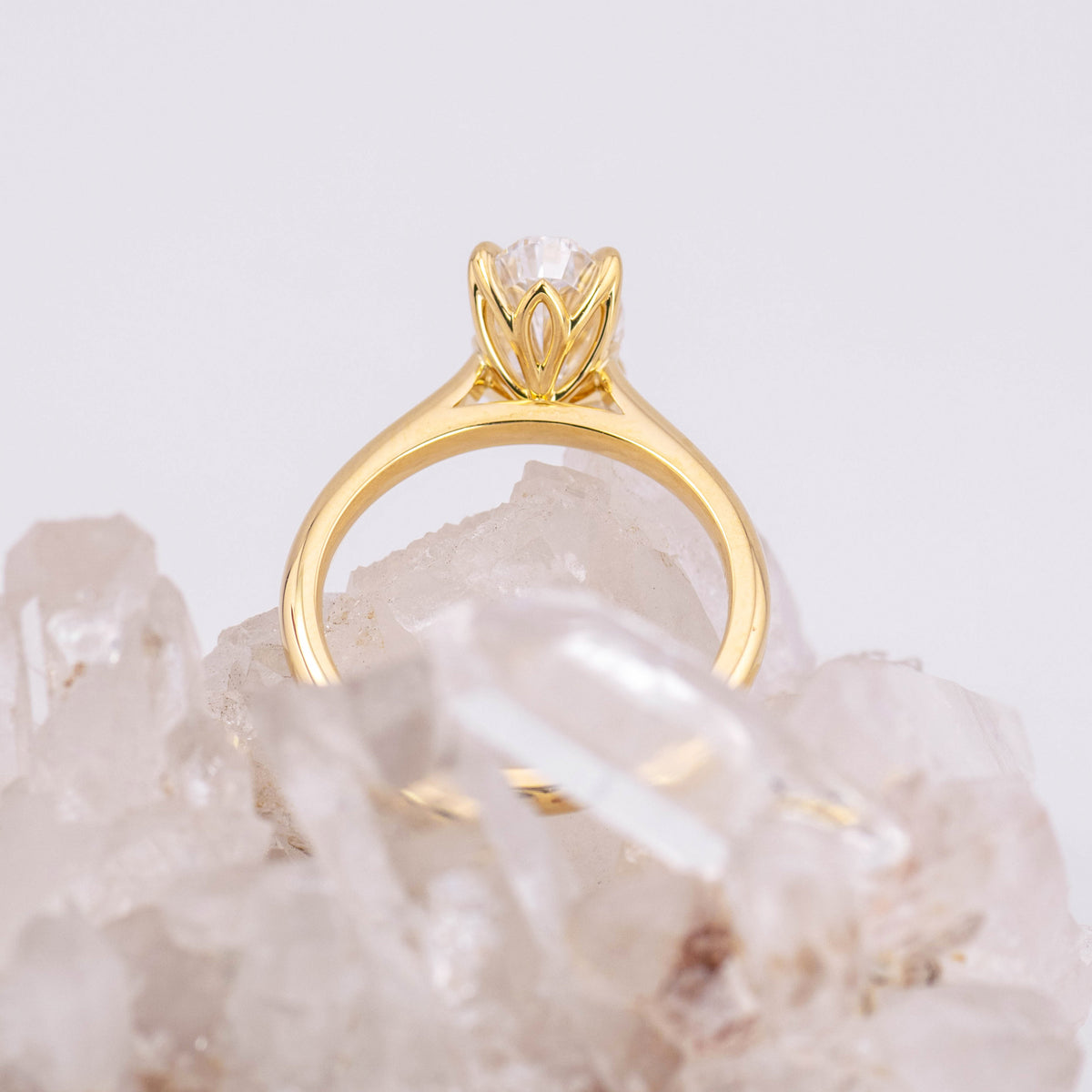 (Ready to Ship Size N) - Moval Petal 2.6 – 4 Claw Petal Basket 2.60ct D VVS1 Moval Solitaire in 18k Yellow Gold