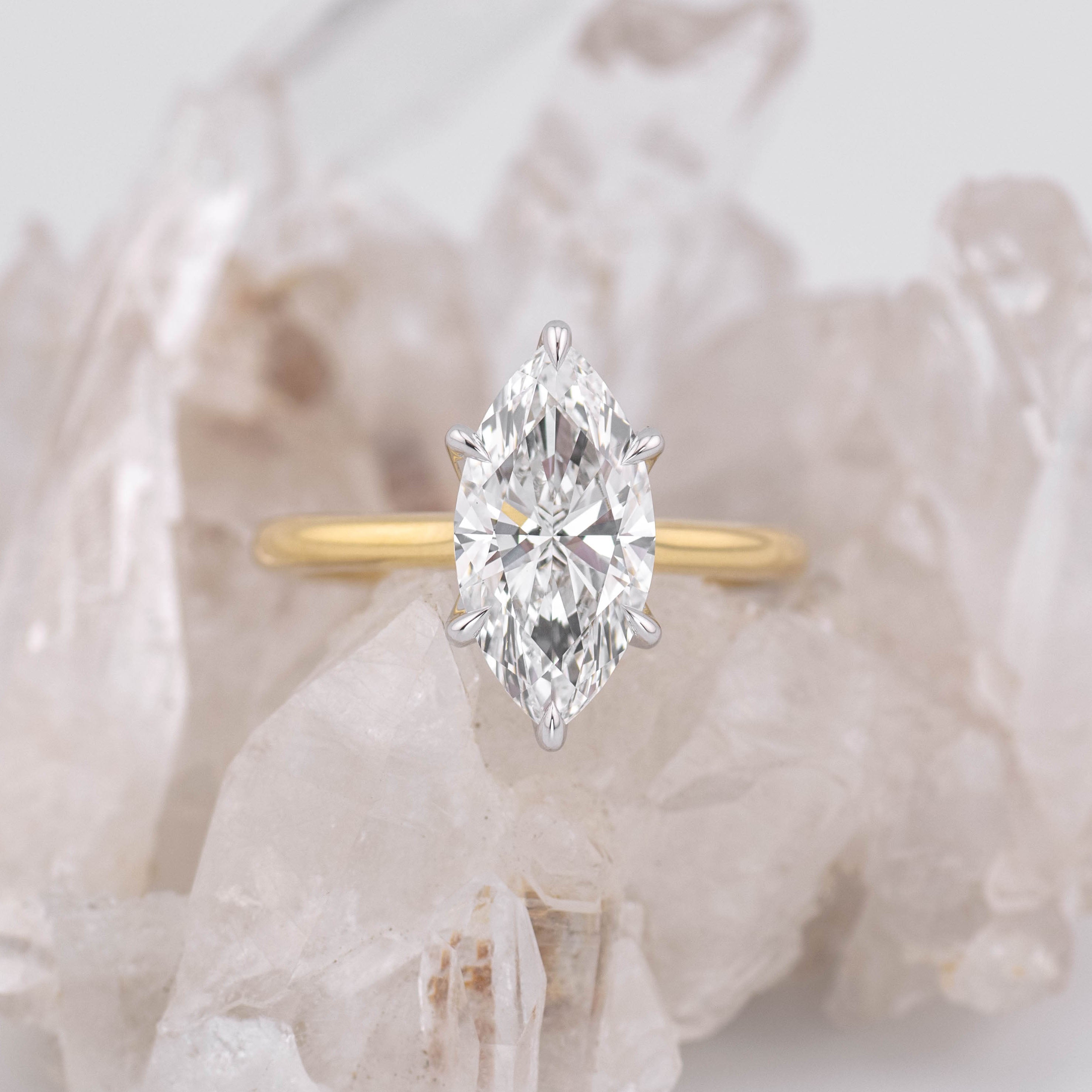 (Ready to Ship Size M) - Petal Marquise – 6 Claw 2.61ct E VVS2 Marquise Solitaire in 2 Tone Yellow and White Gold