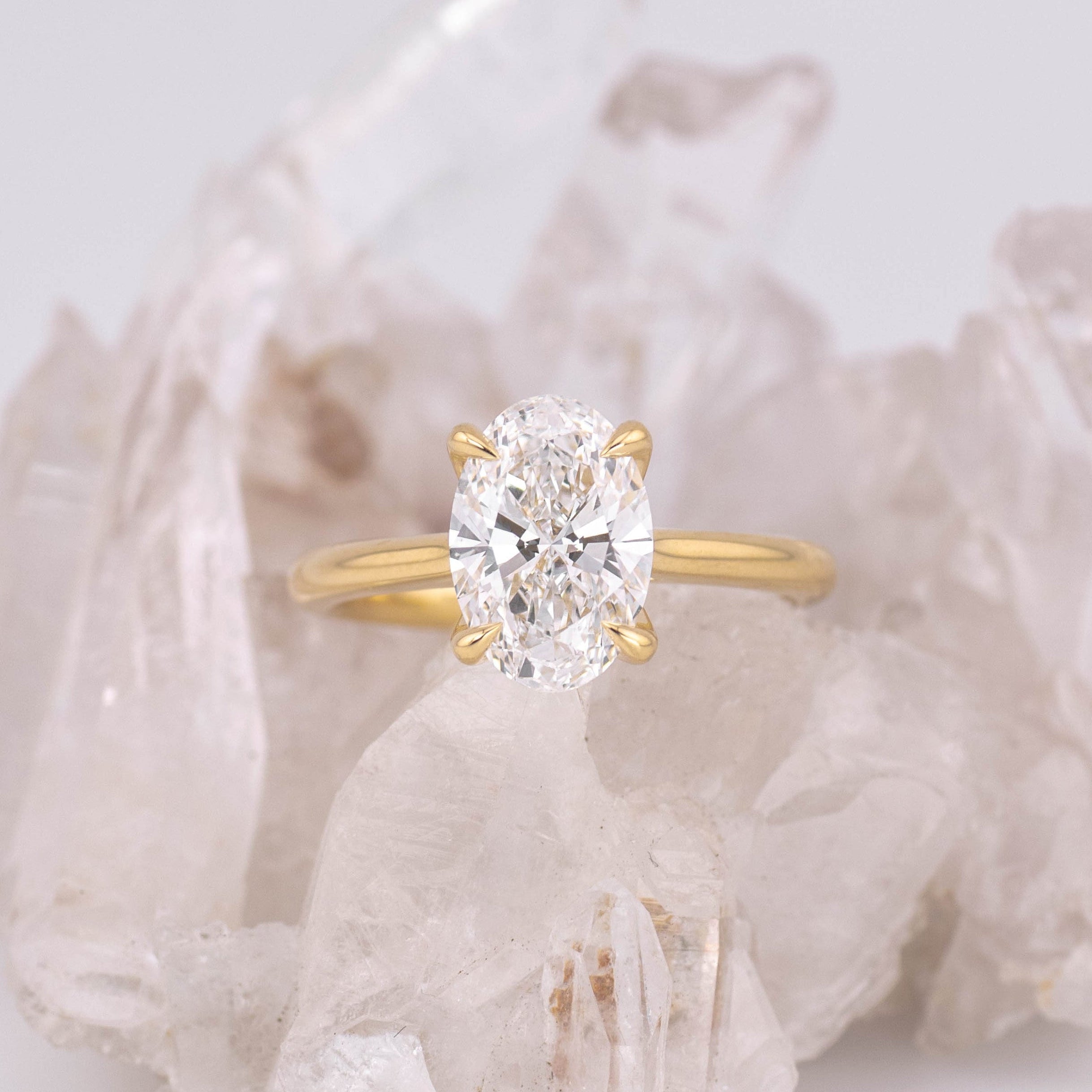 (Ready to Ship Size L) - Oval Petal 2.0 – 4 Claw Petal Basket 2.05ct D VVS2 Oval Solitaire in 18k Yellow Gold