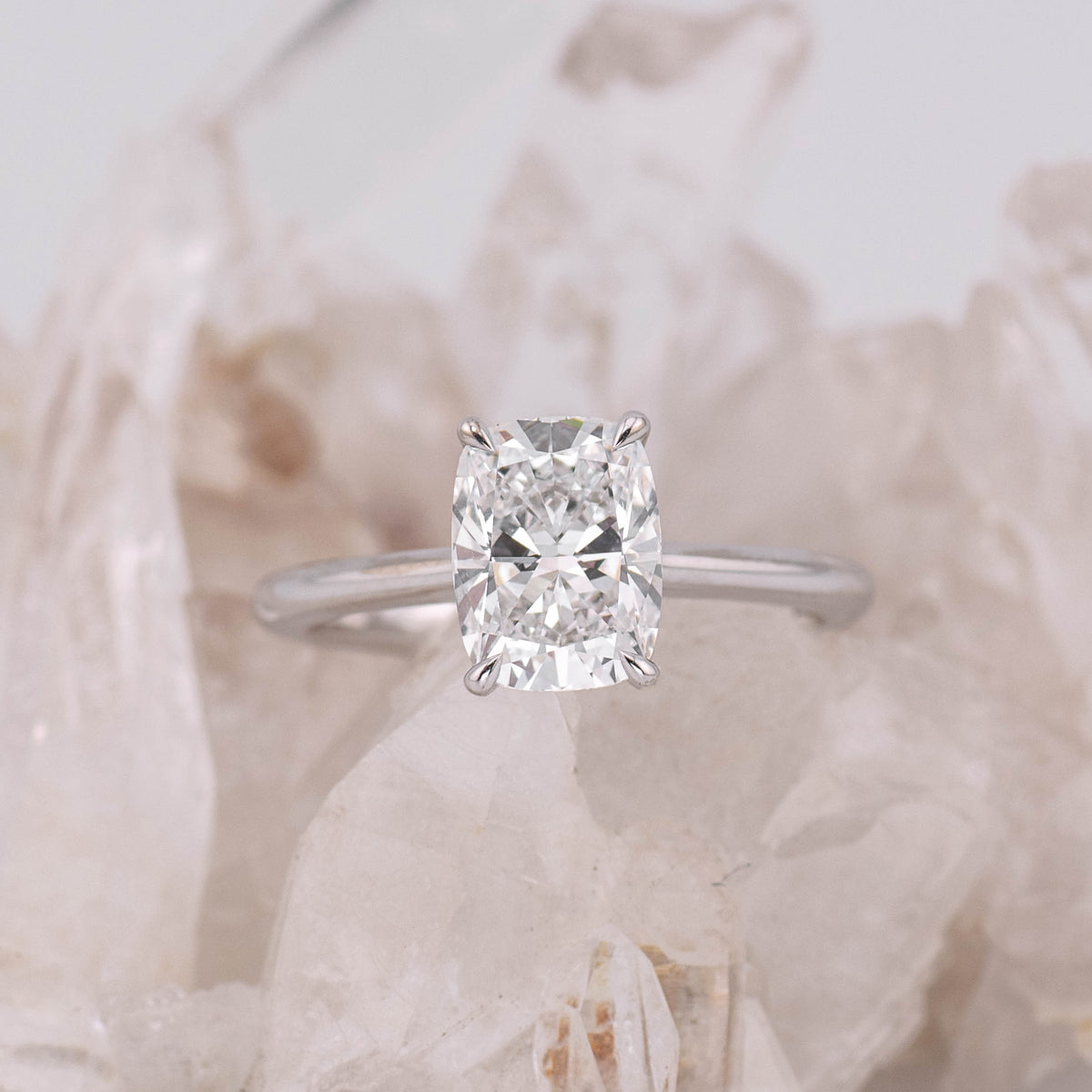 (Ready to Ship Size M) - Ruth 2.0 – Cathedral & Hidden Halo Elongated Cushion 2.06ct D VVS2 Solitaire in 18k White Gold