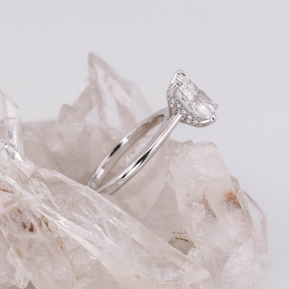 (Ready to Ship Size M) - Ruth 2.0 – Cathedral & Hidden Halo Elongated Cushion 2.06ct D VVS2 Solitaire in 18k White Gold