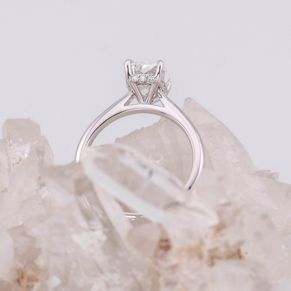(Ready to Ship Size M) - Ruth 2.0 – Cathedral & Hidden Halo Elongated Cushion 2.06ct D VVS2 Solitaire in 18k White Gold