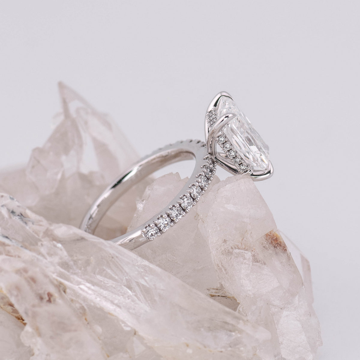 (READY TO SHIP SIZE N) 3.05CT D VVS2 OVAL SOLITAIRE WITH HIDDEN HALO & PAVE BAND in 18K WHITE GOLD