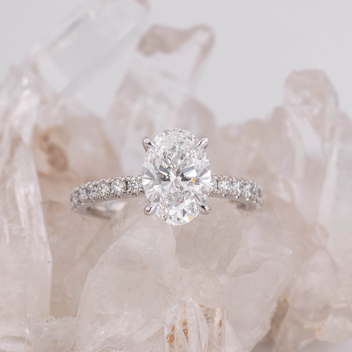 (READY TO SHIP SIZE M) 2.03CT D VVS2 OVAL SOLITAIRE WITH HIDDEN HALO & PAVE BAND in 18K WHITE GOLD