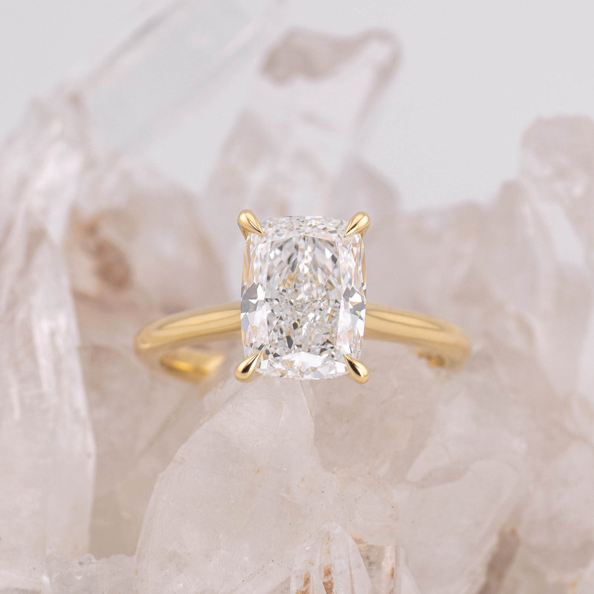 (Ready to Ship Size M) Ruth 3.0 Cathedral Set Elongated Cushion 3.04ct D VVS1 Solitaire in 18k Yellow Gold