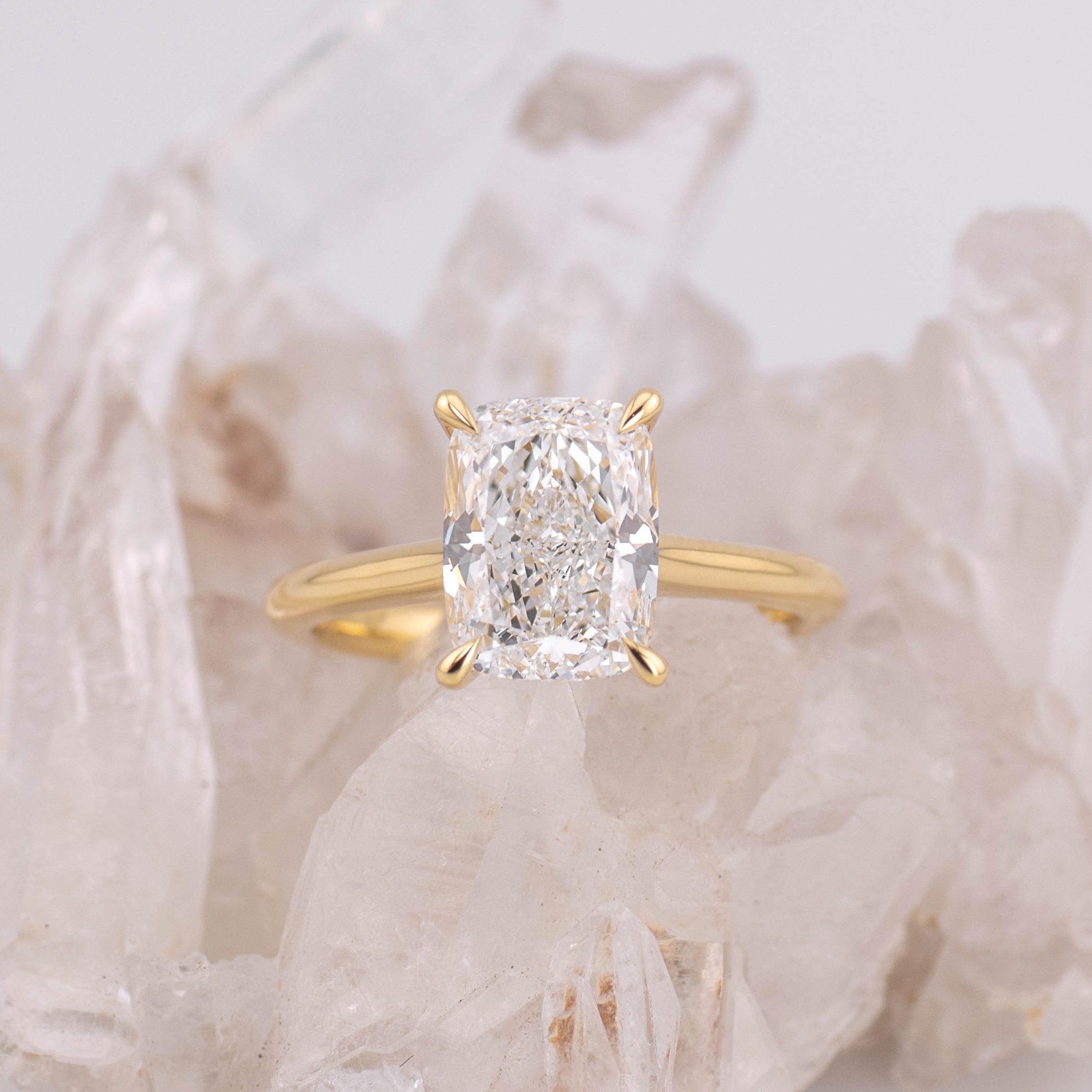 (Ready to Ship Size M) Ruth 3.0 Cathedral Set Elongated Cushion 3.04ct D VVS1 Solitaire in 18k Yellow Gold