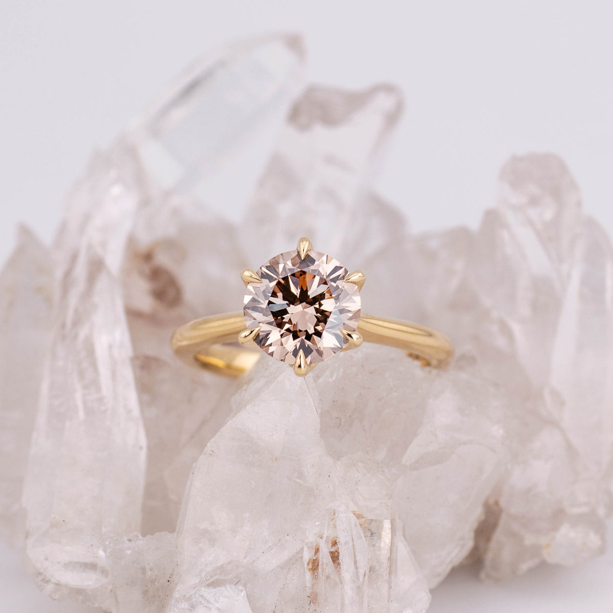 (Ready to Ship Size M) - Champagne Brown Grace 2.0 Round Brilliant Petal Cathedral in 18k Yellow Gold