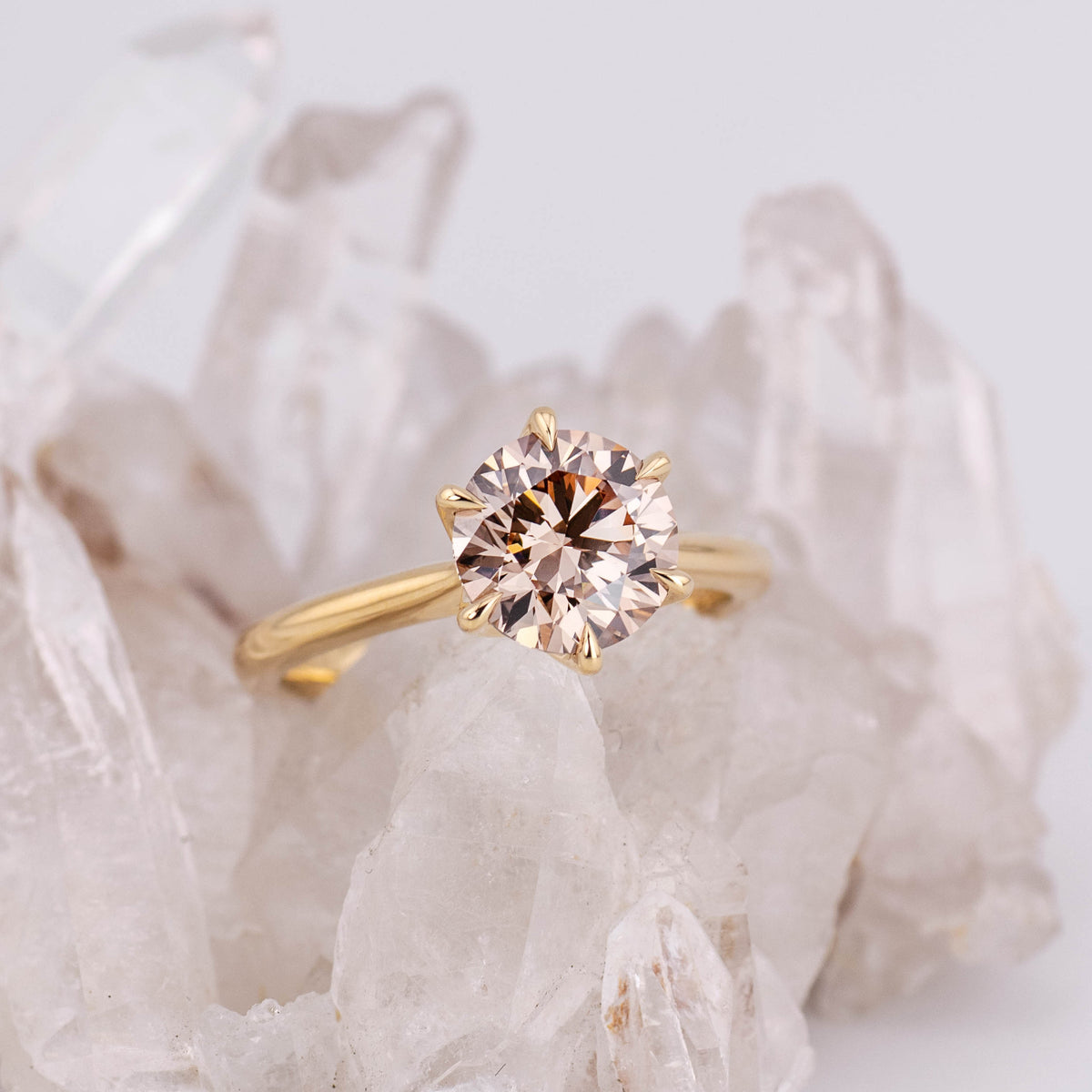 (Ready to Ship Size M) - Champagne Brown Grace 2.0 Round Brilliant Petal Cathedral in 18k Yellow Gold