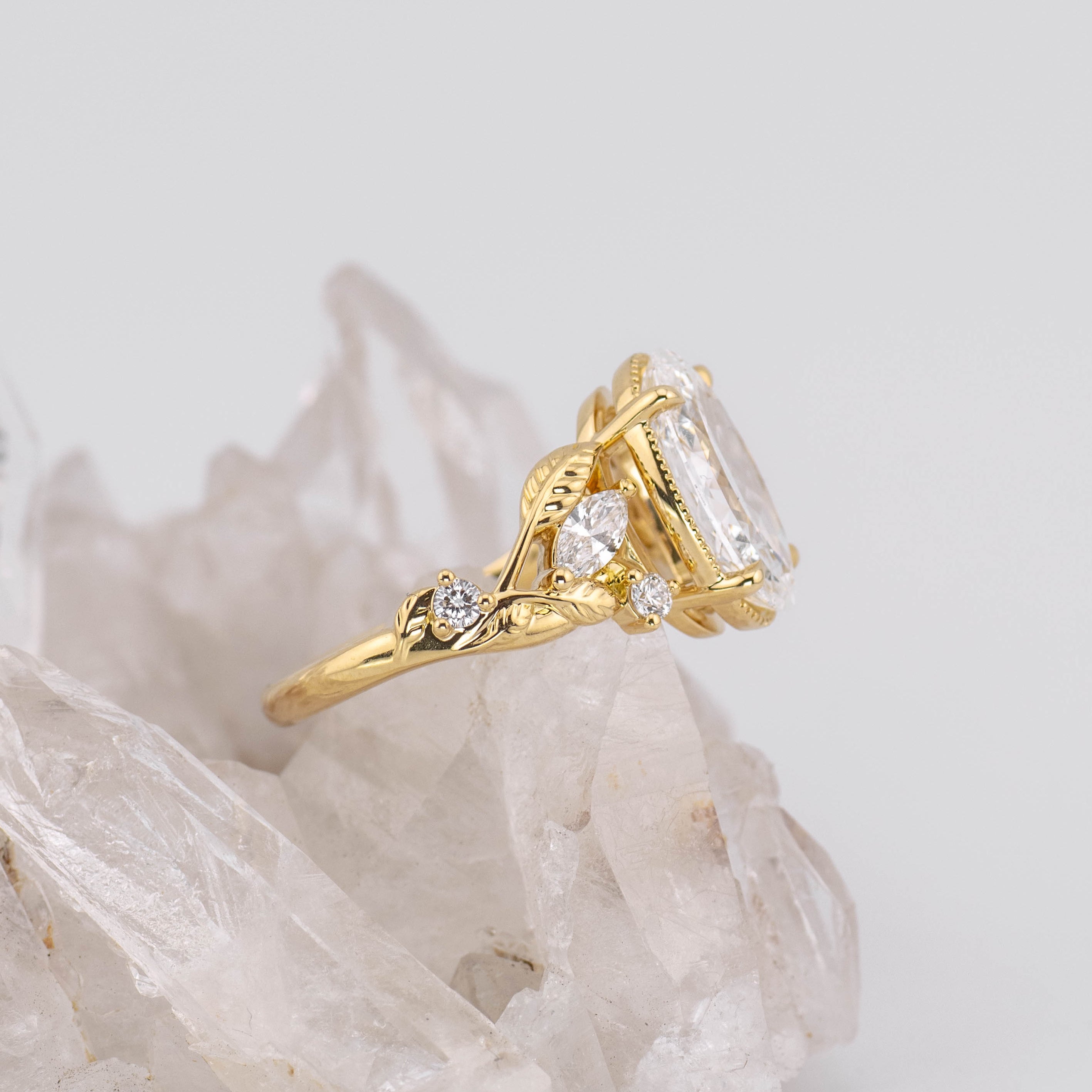 (Ready to Ship Size M) - 3.09ct Vintage Rose Cut Oval E VVS2 Vine Detail Diamond Ring in 18k Yellow Gold