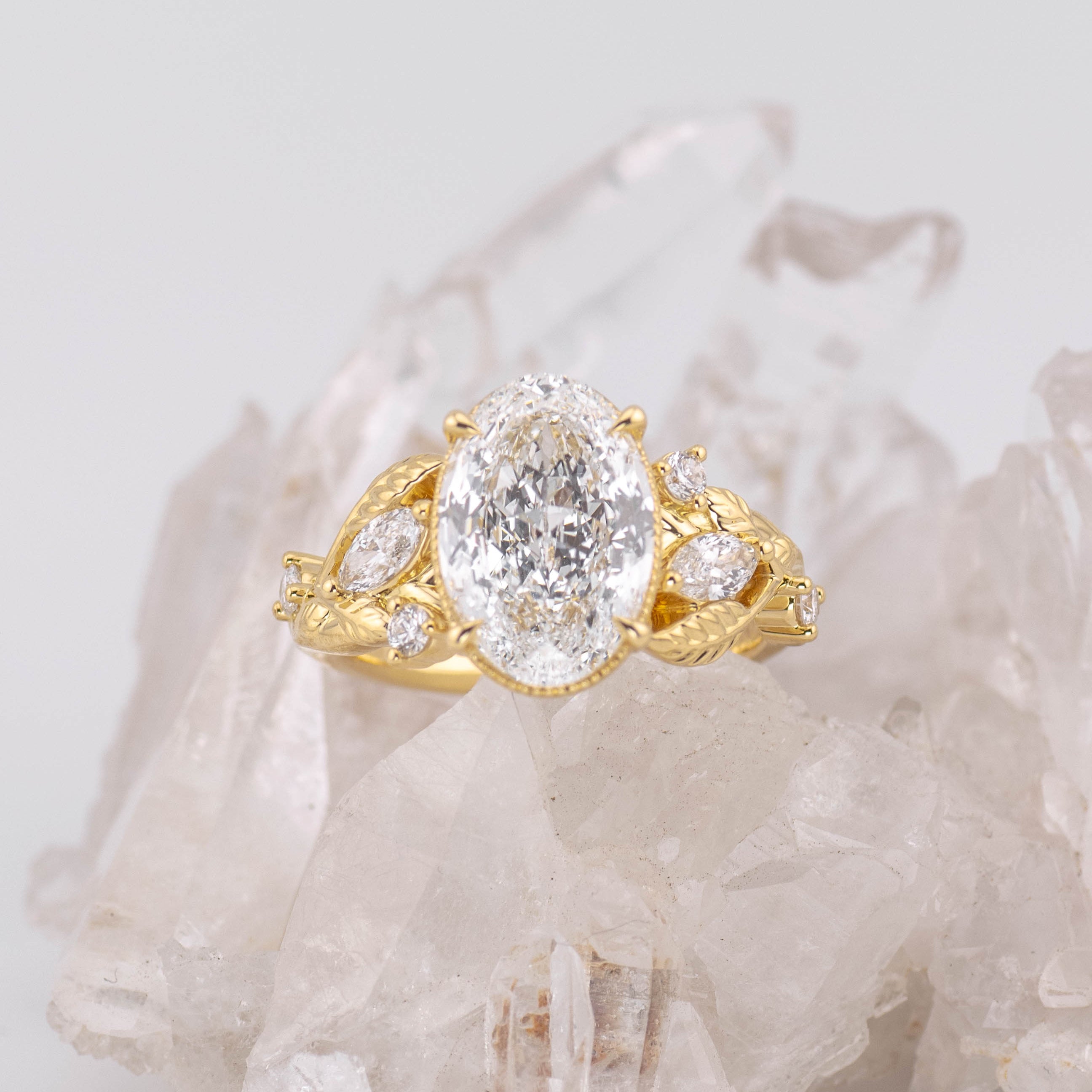 (Ready to Ship Size M) - 3.09ct Vintage Rose Cut Oval E VVS2 Vine Detail Diamond Ring in 18k Yellow Gold