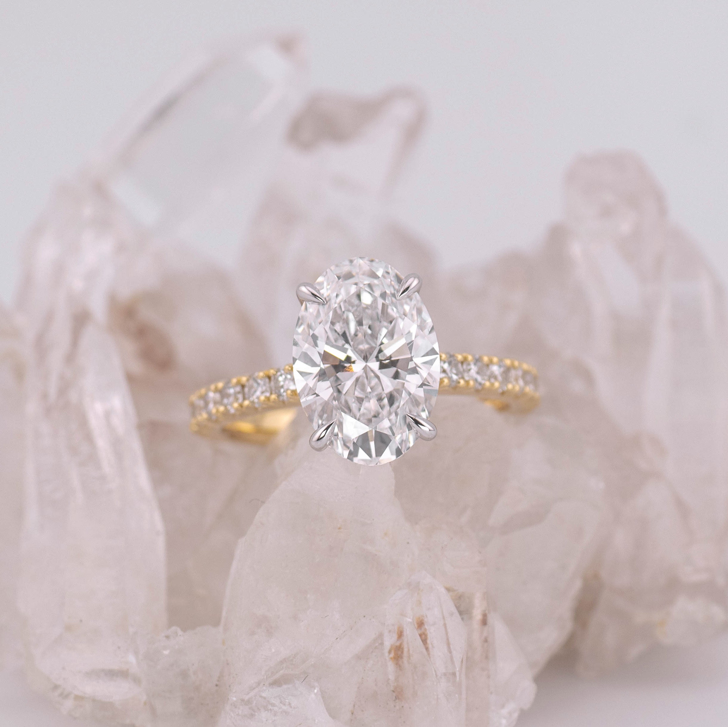 (Ready to Ship Size M) - 3.19ct Oval Solitaire with Hidden Halo & French Pave Band 18k 2 Tone Gold