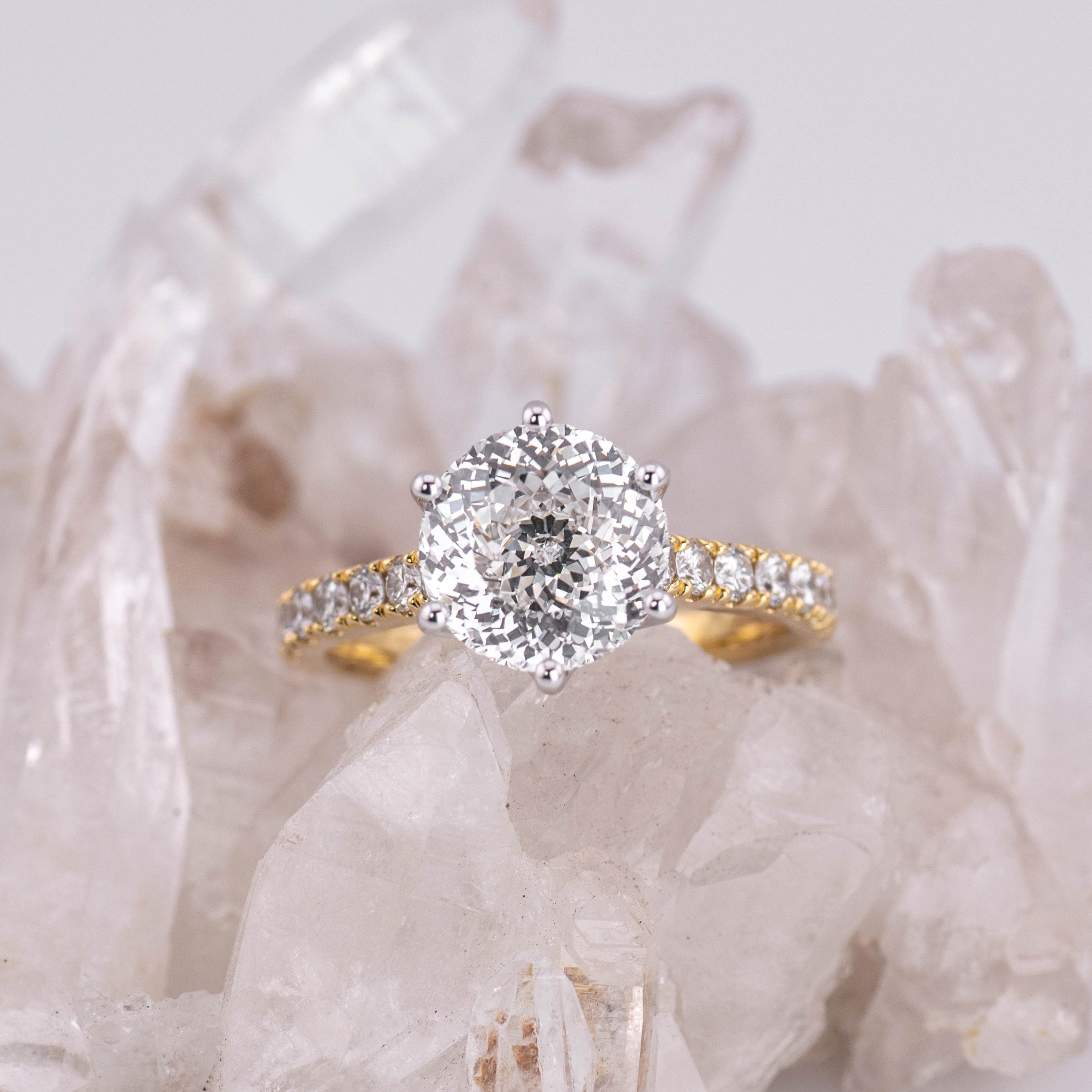 (Ready to Ship Size M) - Portuguese Cut Petal Pave Solitaire – 6 Petal Claw Round 3.04ct F VVS2 in 2 Tone 18k Gold