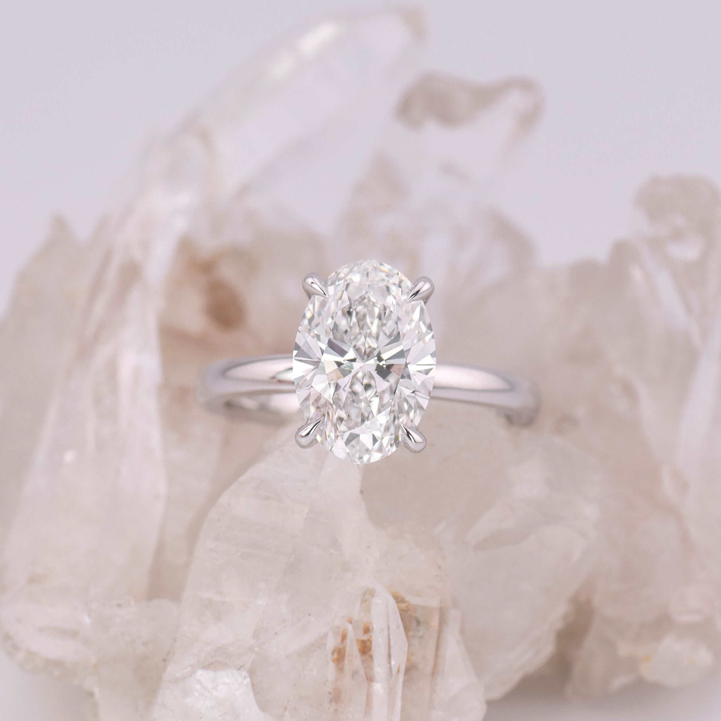 (Ready to Ship Size L) - Kate  – 4 Claw 2.84ct E VVS2 Oval Solitaire in 18k White Gold